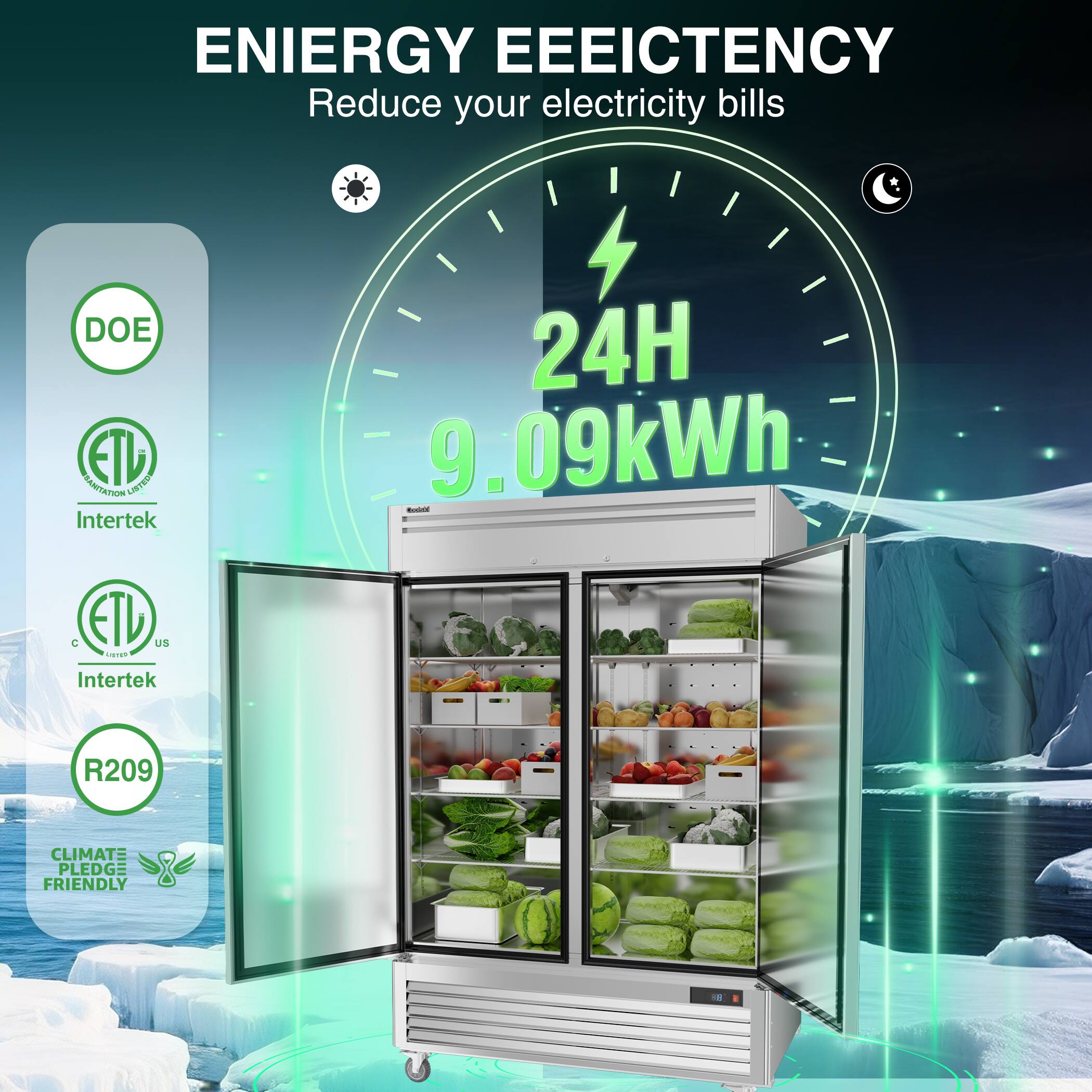 ENERGY EFFICIENCY  
Reduce your electricity bills  

DOE ETL  
MAATATION LISTED  
Intertek  

24H  
9.09kWh  

C ETL US  
Intertek R209  

CLIMATE PLEDGE FRIENDLY