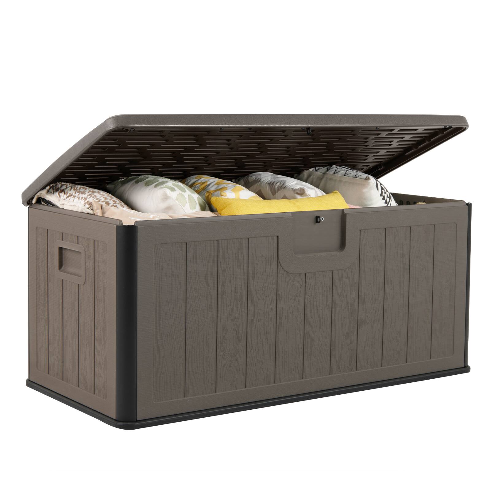 Front. WELLFOR - 100 Gallon Large Deck Box with Lockable Lid for Patio - Brown.