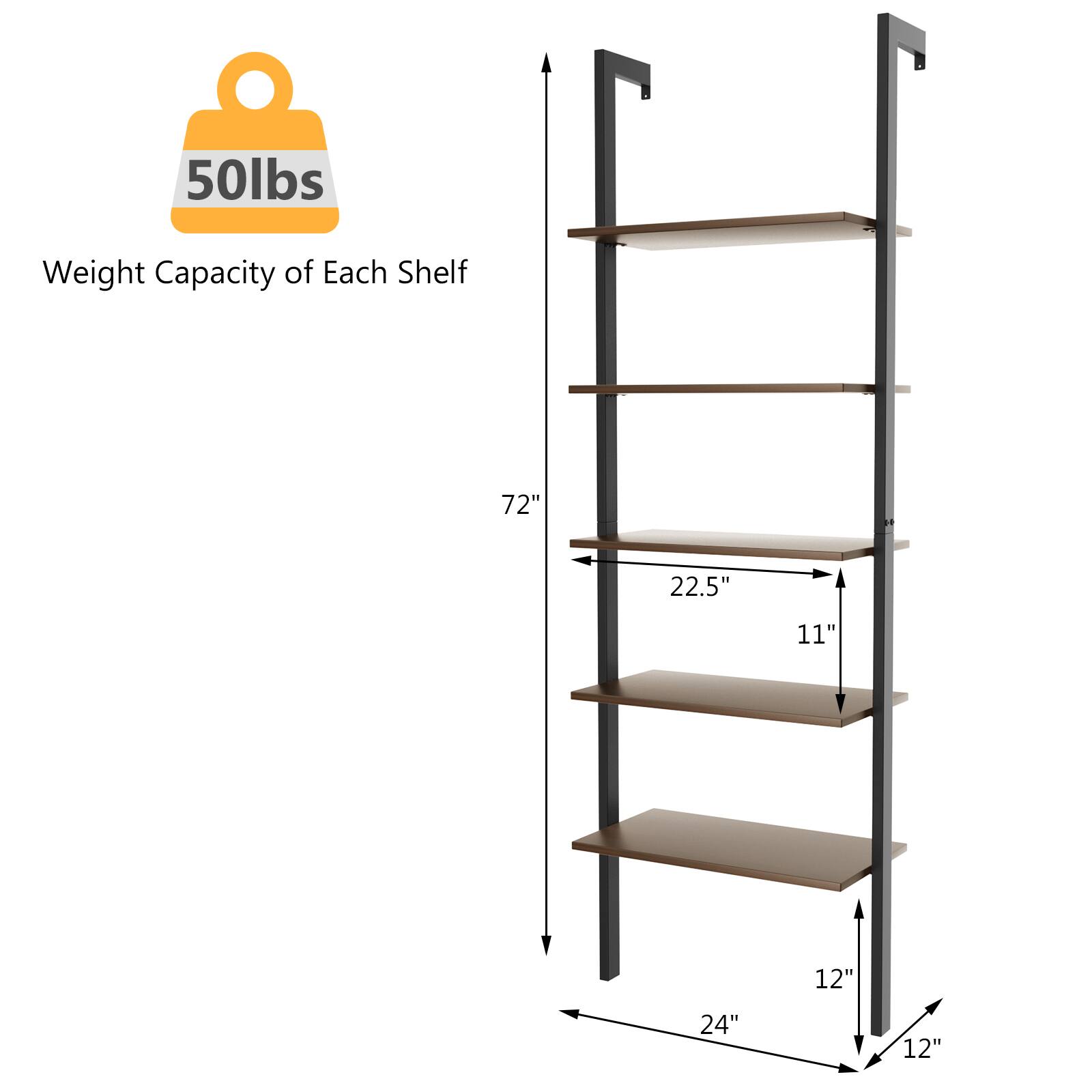 The image shows a shelf with a weight capacity of 50 lbs for each shelf. The shelf is made of metal and has a total height of 72 inches, with a width of 22.5 inches and a depth of 11 inches. The shelf is designed to hold heavy items securely and safely.