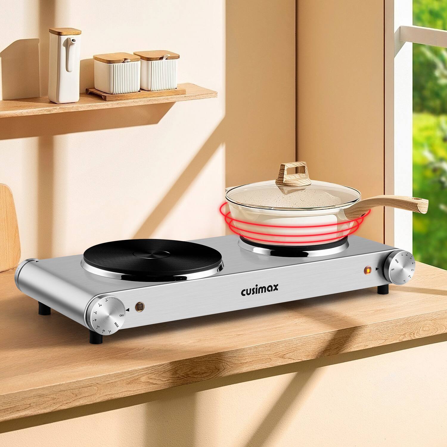 Angle. Cusimax - Stainless Steel Electric 1800W Hot Plate Double Burner For Types Cookware Temper Control Cooktop For Dorm Apt RV - Silver.