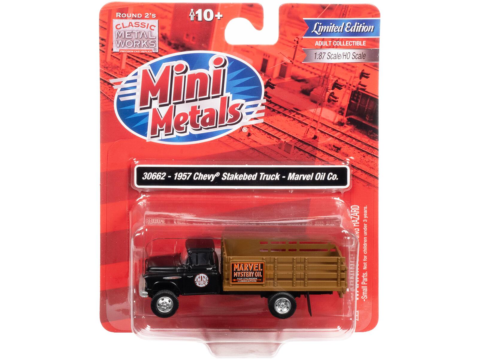 ROUND 2's 10+ CLASSIC METAL WORKS O PRCIAN 2ACT MML Mini Metals Limited Edition ADULT COLLECTIBLE 1:87 Scale/HO Scale 30662 - 1957 Chevy Stakebed Truck - Marvel Oil Co. MARVEL MYSTERY OIL F | - MAZARD years. 2 DAID under children for Not Parts. -Small