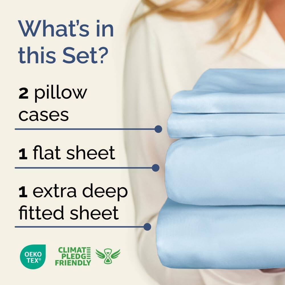 What's in this Set?

- 2 pillow cases
- 1 flat sheet
- 1 extra deep fitted sheet

CLIMATE PLEDGE FRIENDLY

OEKO TEX