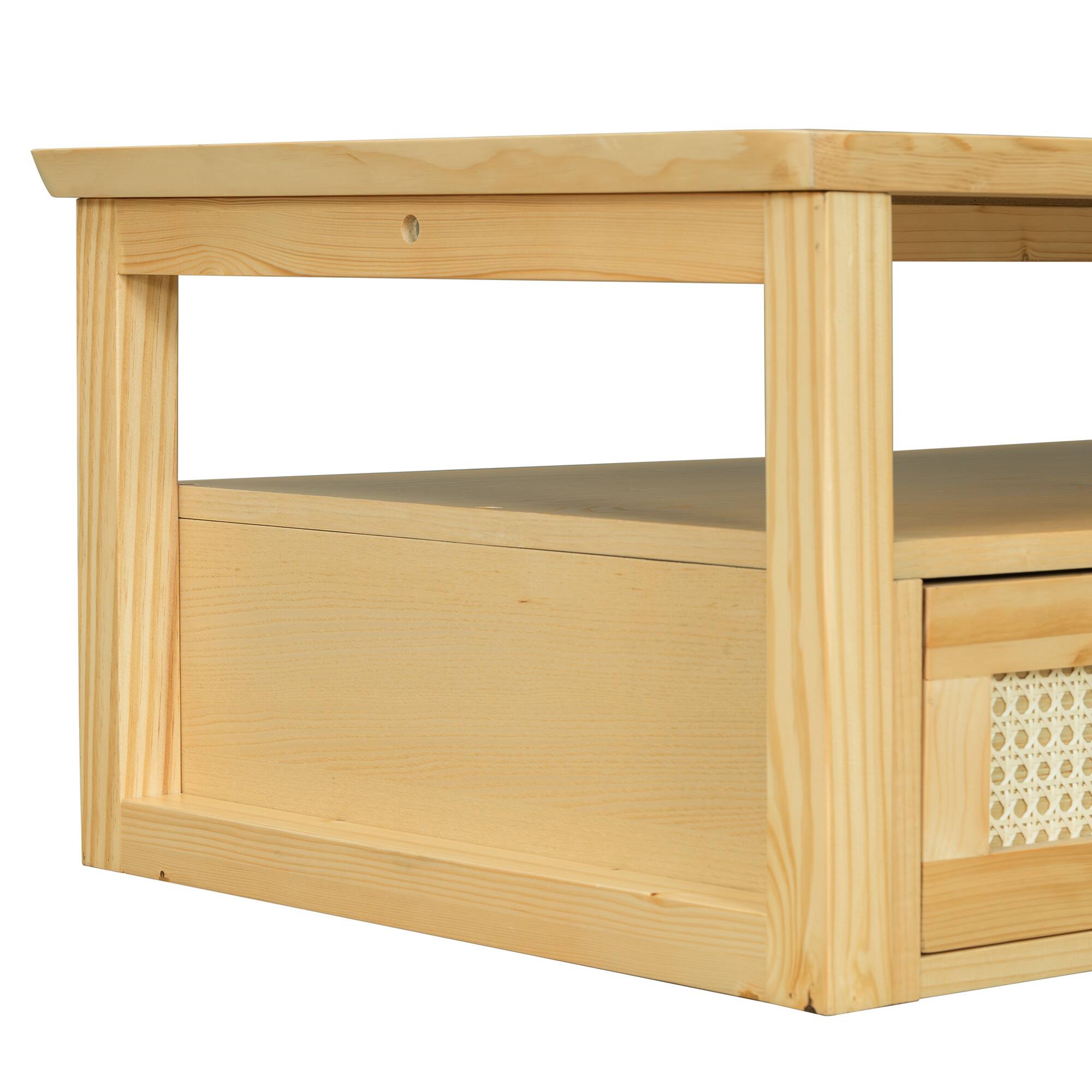 Alt View 2. Bestier - Modern Coffee Table with 1 Storage Shelf 2 Tabletops and 1 Rattan Drawer Perfect for Living Room Decoration - Natural.