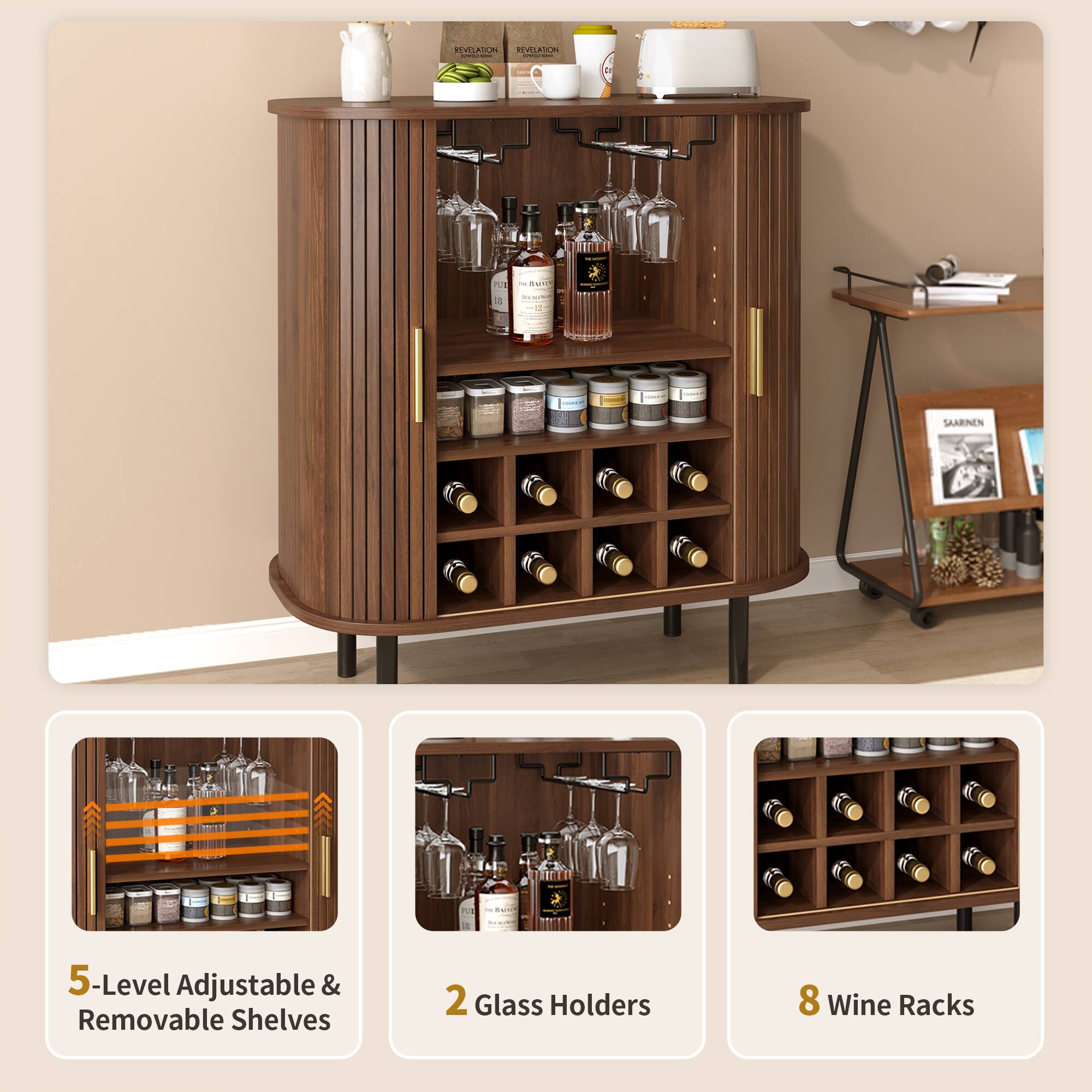 5-Level Adjustable & Removable Shelves  
2 Glass Holders  
8 Wine Racks