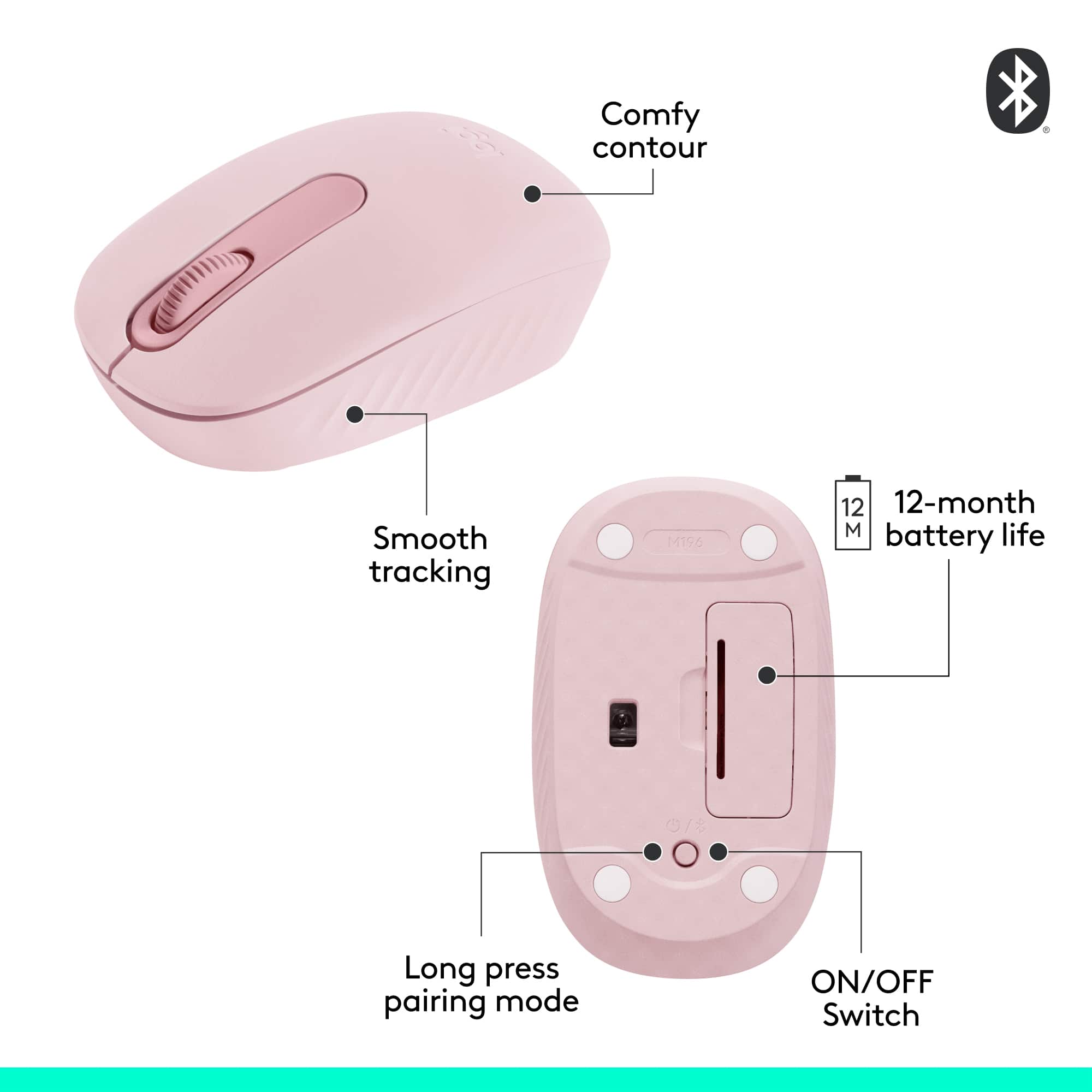 The text on the image is grouped and corrected as follows:
Comfy contour d Smooth tracking M196 12-month 12-month life battery 07 Long press pairing mode ON/OFF Switch