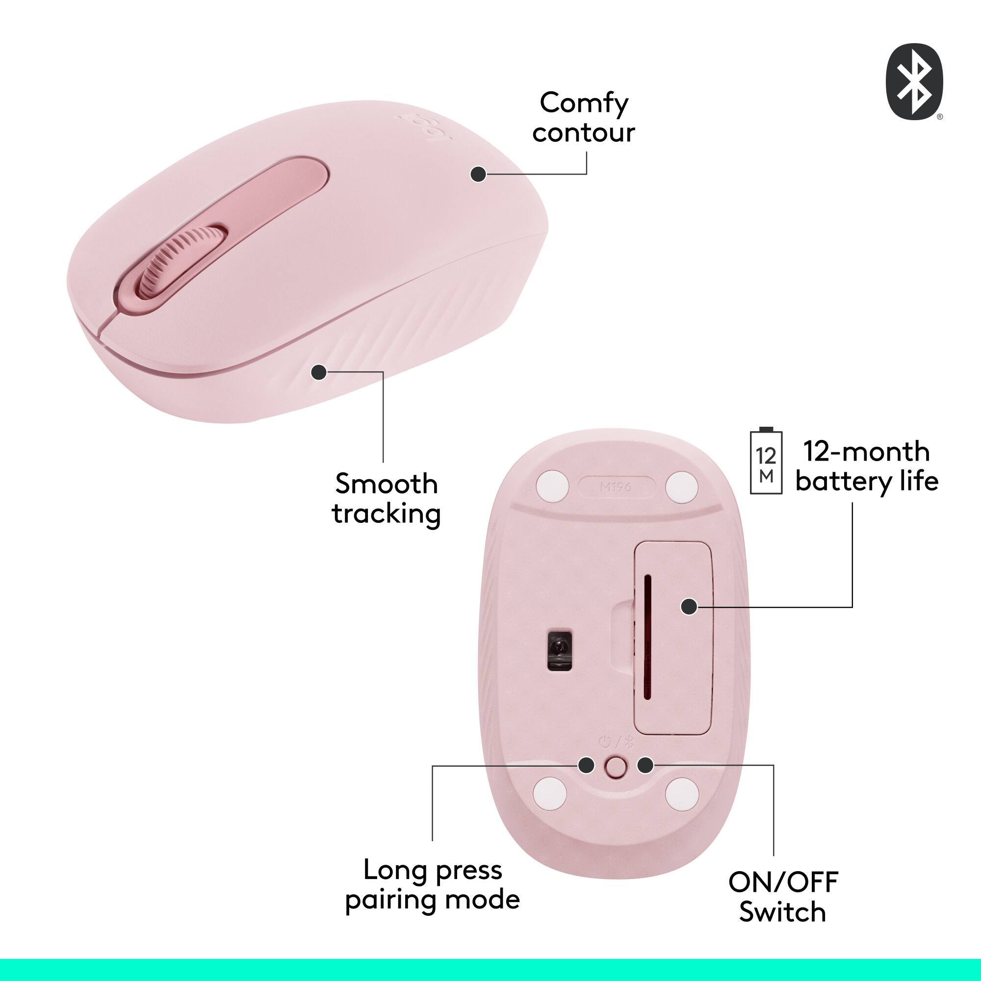 The text on the image is grouped and corrected as follows:

Comfy contour d Smooth tracking M196 12-month 12-month  life battery 07 Long press pairing mode ON/OFF Switch