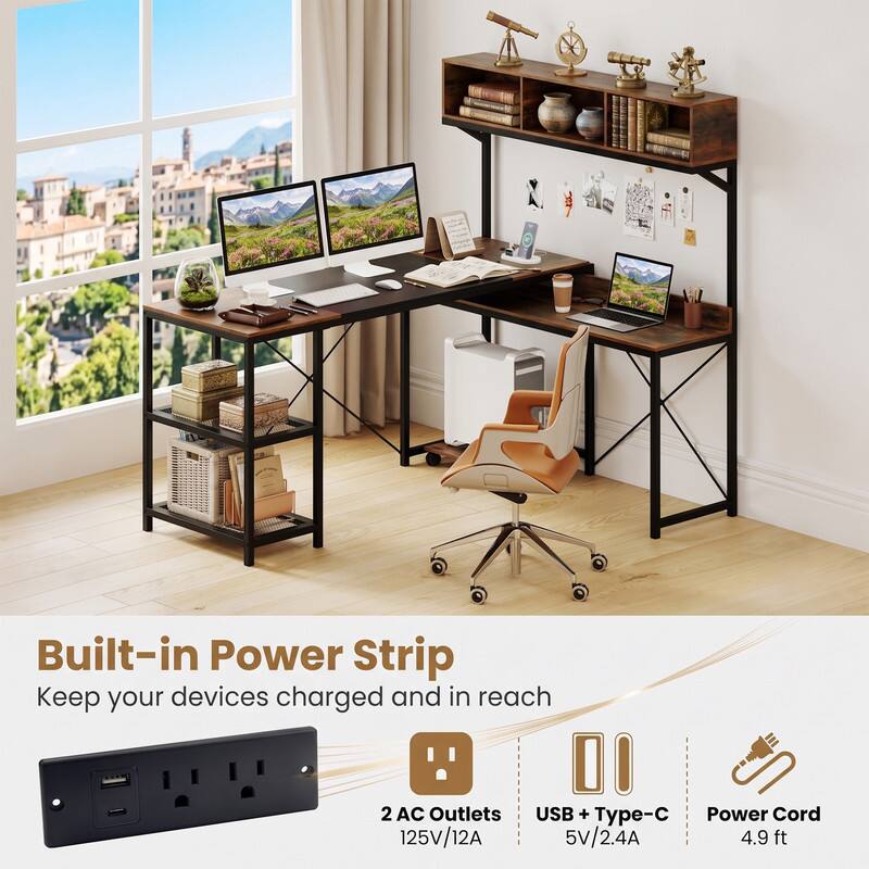 Built-in Power Strip  
Keep your devices charged and in reach  
2 AC Outlets 125V/12A  
USB + Type-C 5V/2.4A  
Power Cord 4.9 ft