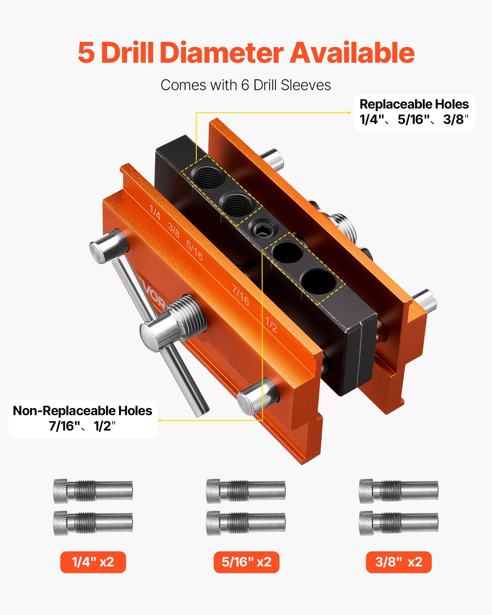 5 Drill Diameter Available  
Comes with 6 Drill Sleeves  

Replaceable Holes  
1/4", 5/16", 3/8"  

Non-Replaceable Holes  
7/16", 1/2"  

1/4" x2  
5/16" x2  
3/8" x2
