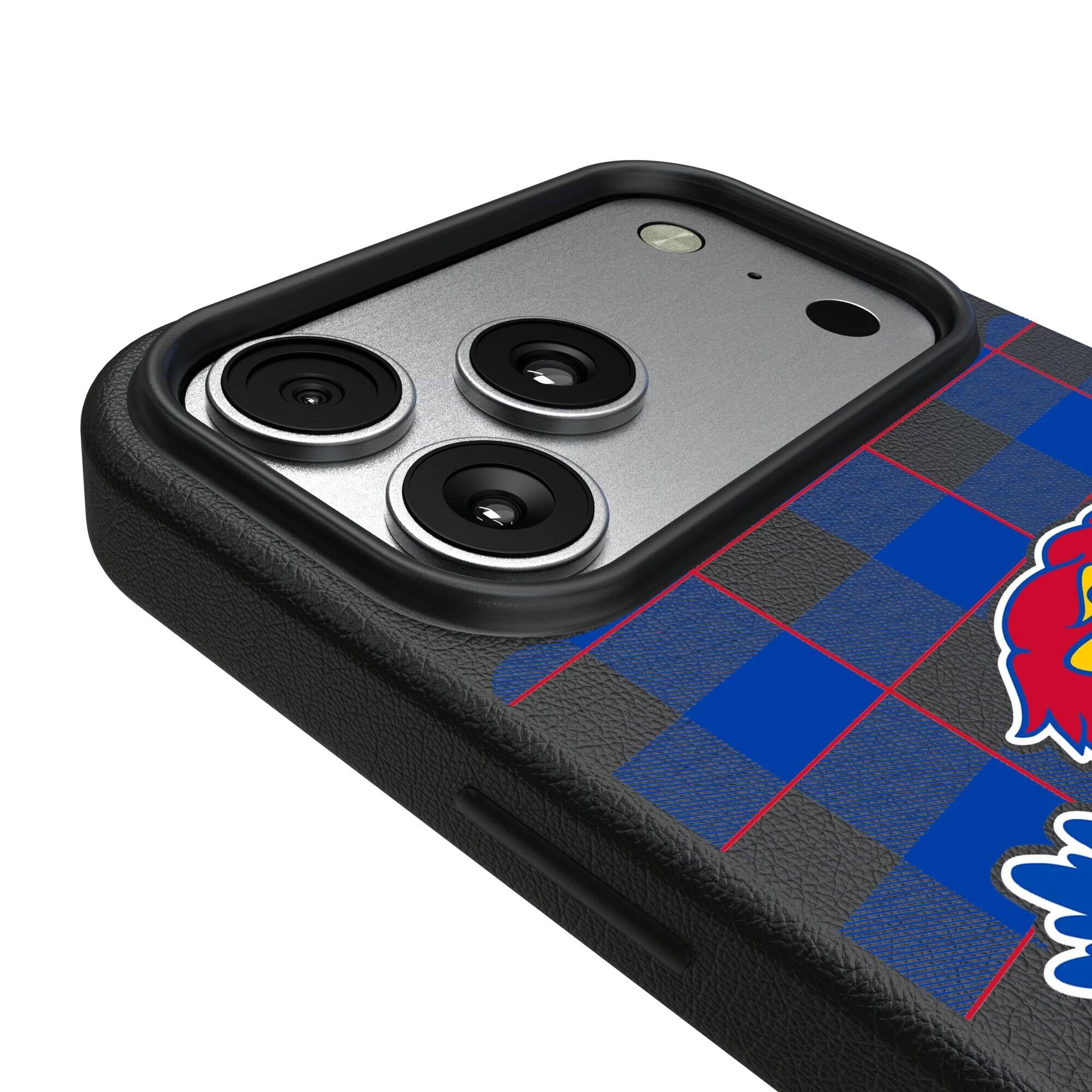Alt View 2. Keyscaper - Kansas Jayhawks Plaid Magnetic Bump iPhone Case - 15 Pro - Black.