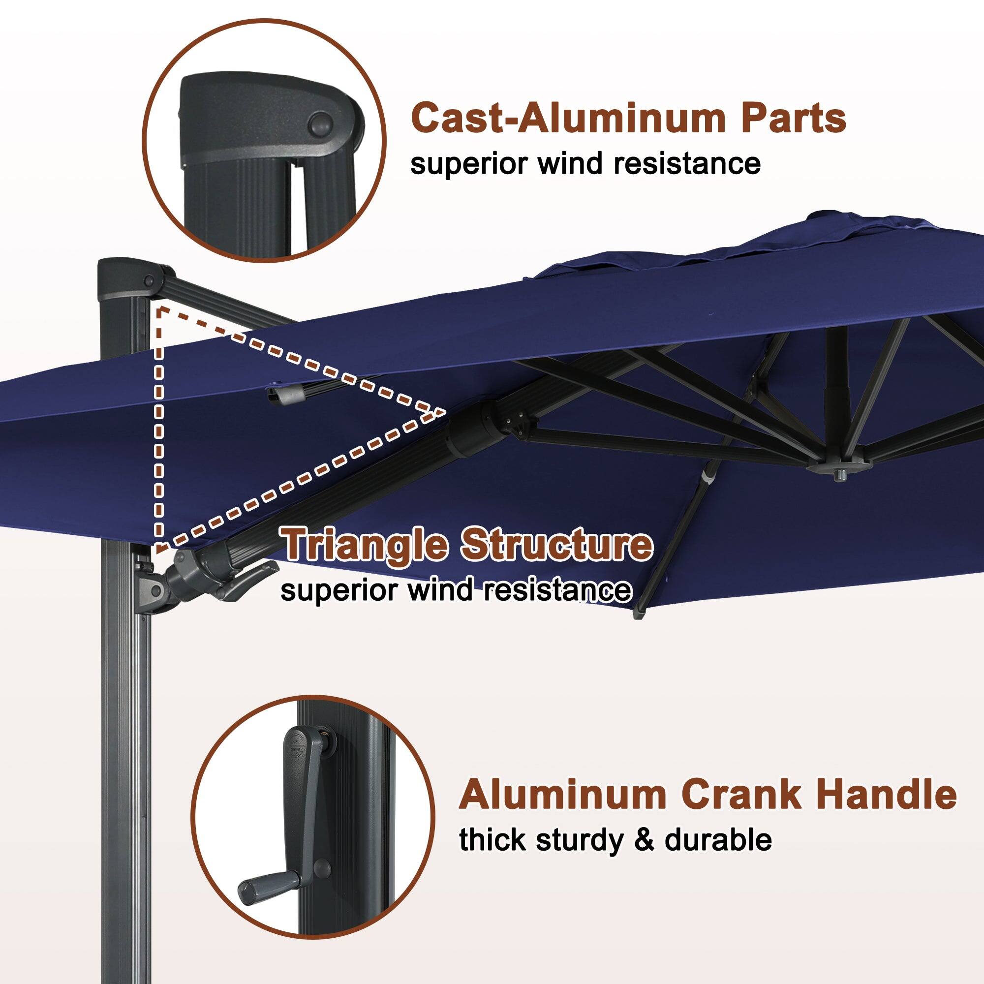 Cast-Aluminum Parts  
superior wind resistance  

Triangle Structure  
superior wind resistance  

Aluminum Crank Handle  
thick, sturdy & durable