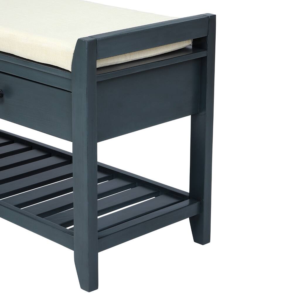 Alt View 1. Ropilly - Ropilly Antique Navy Entryway Storage Bench with Shoe Rack and Cushioned Seat, Pine Wood Hallway Bench - Antique Navy.