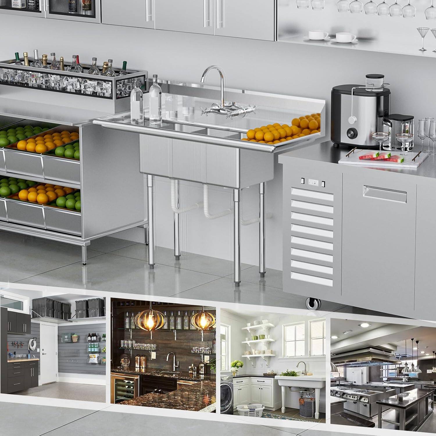 Back. Winado - 54"L x 20"W x 43.3"H Freestanding Stainless Steel Utility Sink with Left & Right Side Panels & 3 Compartment for Kitchen - Silver.