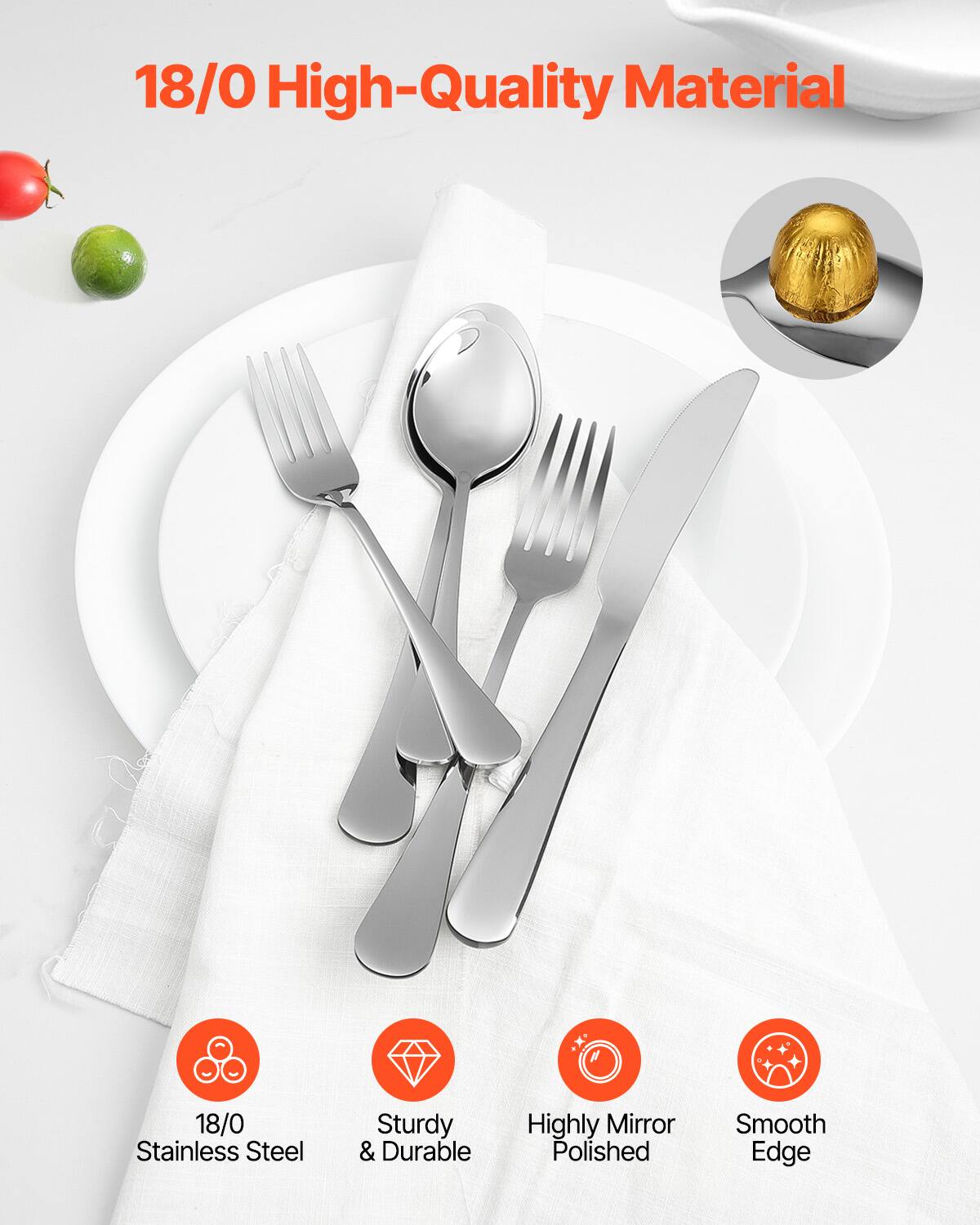 18/0 High-Quality Material

- 18/0 Stainless Steel
- Sturdy & Durable
- Highly Mirror Polished
- Smooth Edge