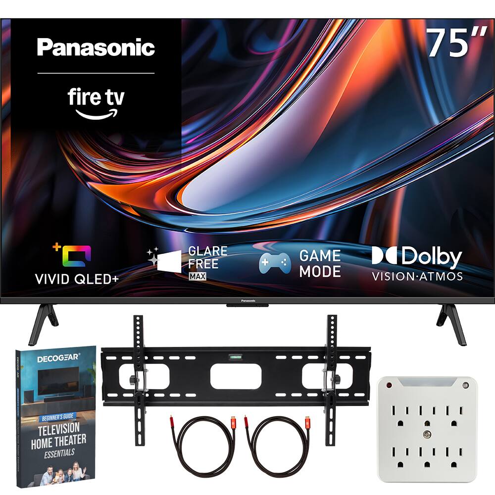 Panasonic  
75"  
fire tv  
VIVID QLED+  
GLARE FREE MAX  
GAME MODE  
Dolby VISION-ATMOS  
Panasonic  
DECOGEAR  
BEGINNER'S GUIDE TELEVISION HOME THEATER ESSENTIALS