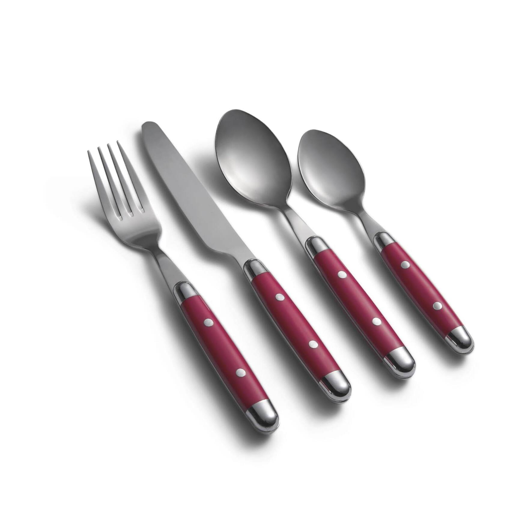 Left. Dazzed Corner - Silverware Set, 16-Piece Flatware Set, Service for 4, 18/0 Stainless Steel, Dishwasher Safe - Red.