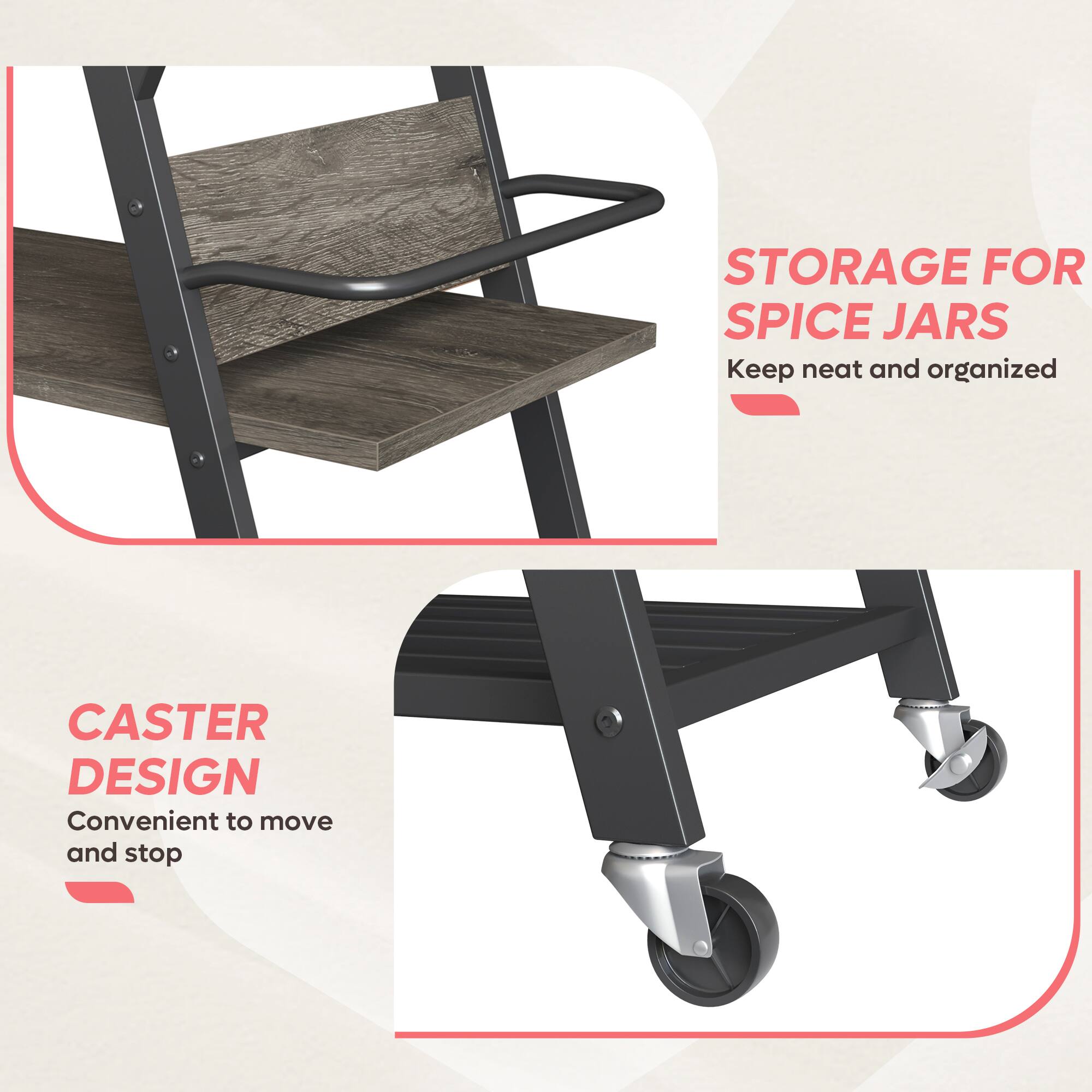 The text on the image can be grouped and corrected as follows:

1. Storage for Spice Jars: Keep neat and organized.
2. Caster Design: Convenient to move and stop.