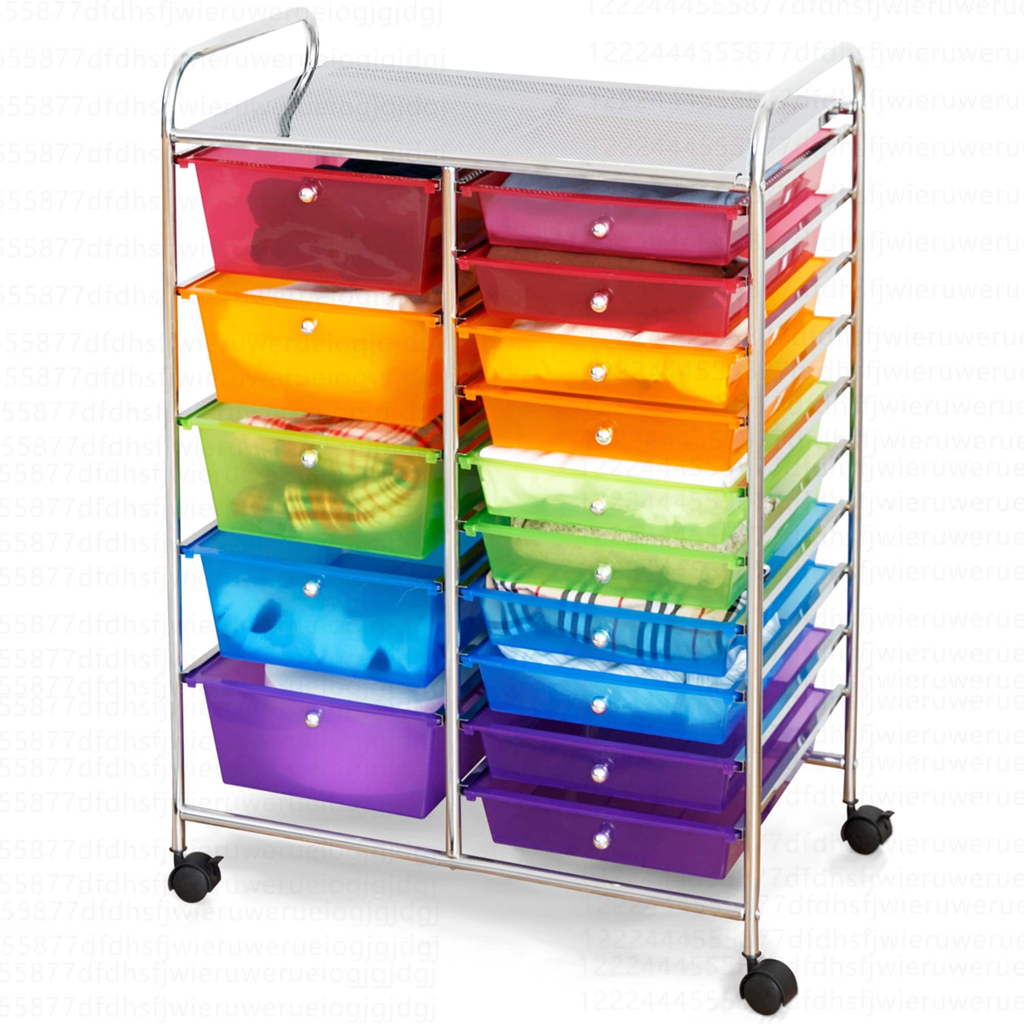 The image shows a colorful plastic organizer with multiple compartments, each filled with various items. The organizer is placed on a table, and it appears to be a storage solution for small items. The compartments are arranged in a way that allows for easy access and organization of the items stored within them.