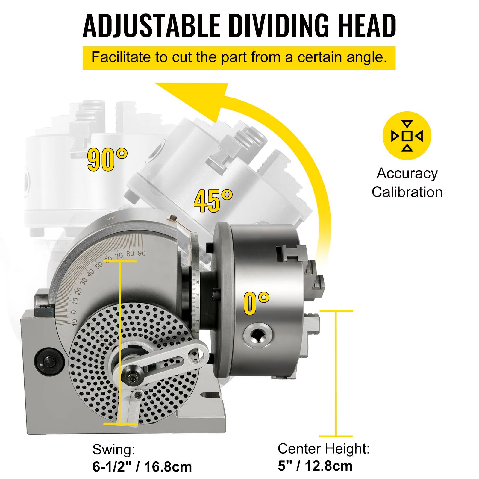 ADJUSTABLE DIVIDING HEAD  
Facilitate to cut the part from a certain angle.  

90° 45°  
Accuracy Calibration  
70 80 90 0 50 40 30 20 10 0 10 0  

Swing: 6-1/2" / 16.8cm  
Center Height: 5" / 12.8cm