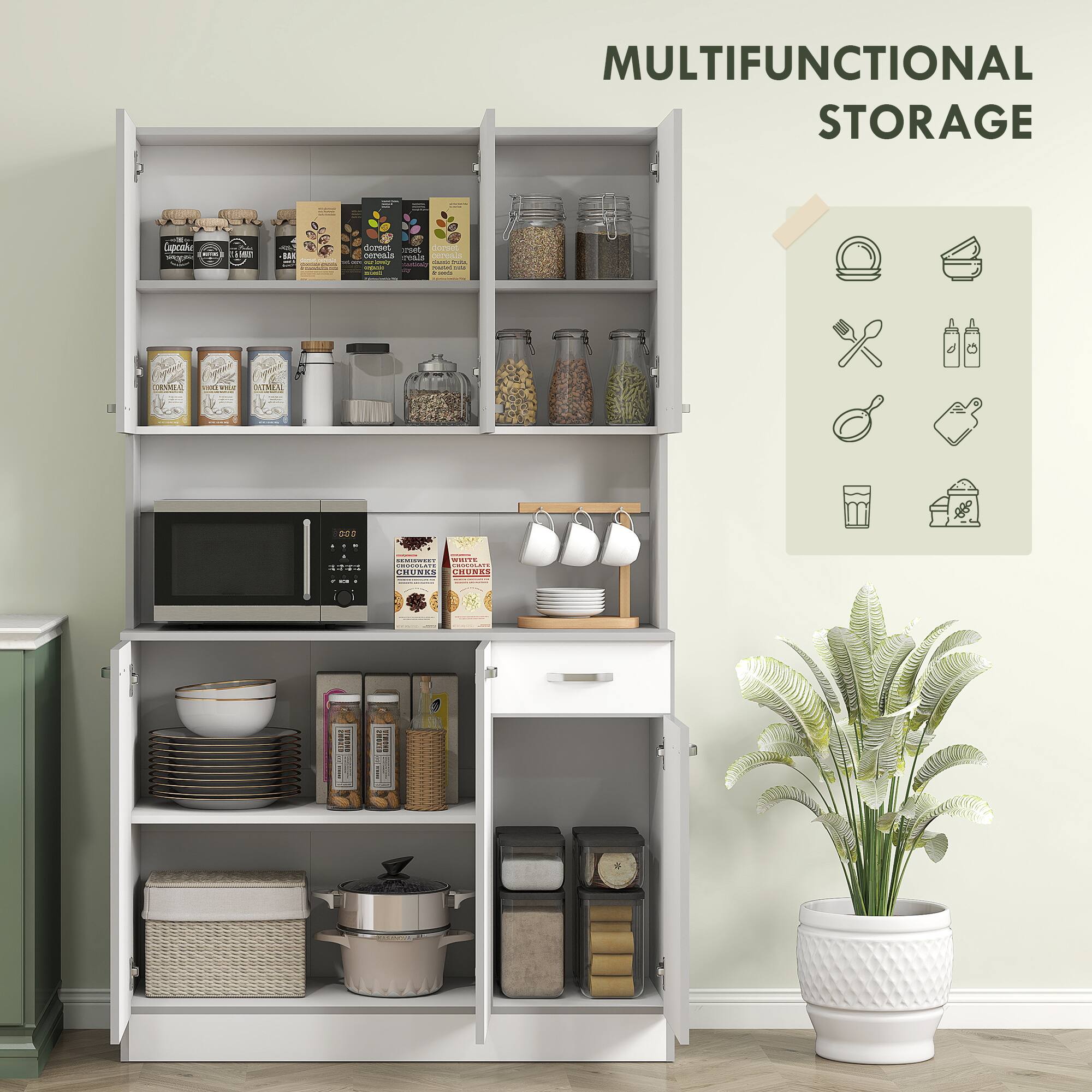 MULTIFUNCTIONAL STORAGE

- Cereals
- Chocolate
- Chips
- Nuts
- Spices
- Rice
- Pasta
- Canned food
- Bread
- Milk
- Coffee
- Tea
- Sugar
- Flour
- Pasta
- Chocolate
- Chips
- Nuts
- Spices
- Rice
- Canned food
- Bread
- Milk
- Coffee
- Tea
- Sugar
- Flour