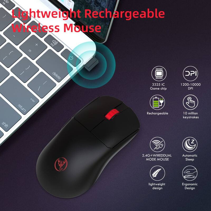 Lightweight Rechargeable Wireless Mouse

- 3325 IC Game chip
- 1200-10000 DPI
- Rechargeable
- 10 million keystrokes
- 2.4G+WIREDDUAL MODE MOUSE
- Automatic Sleep
- Lightweight design
- Ergonomic Design