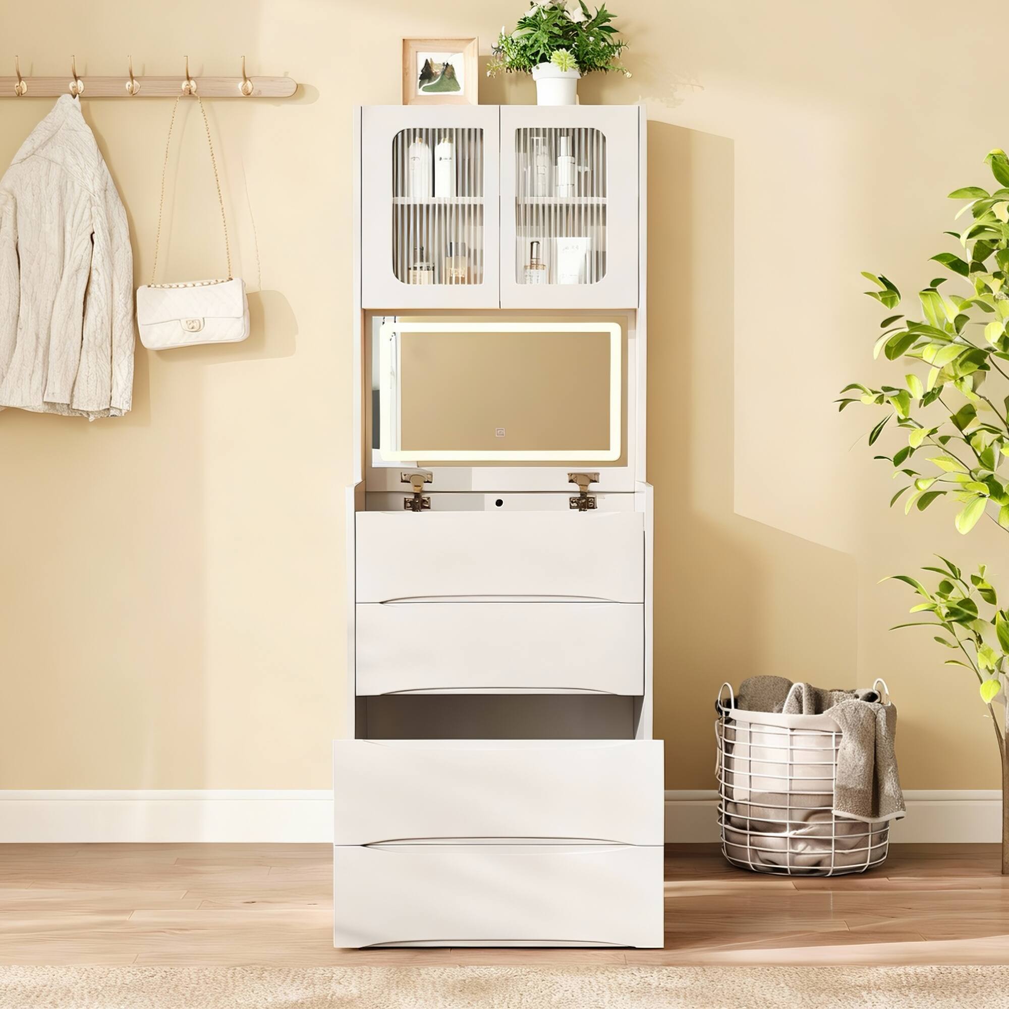 GOODSILO - Versatile 3-in-1 Vanity Table with LED Mirror and Storage Stool Makeup Dressing Organizer Furniture - White