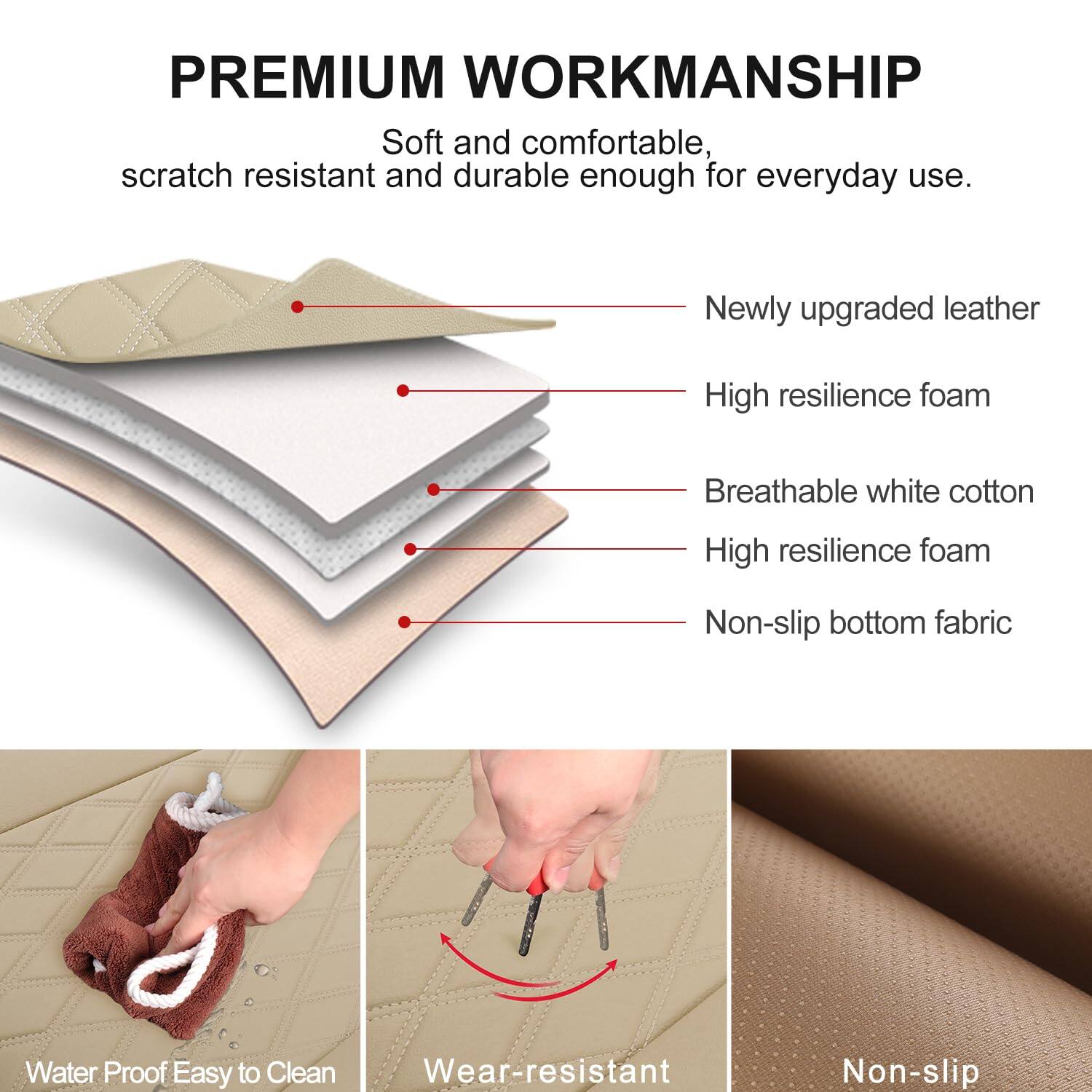 **PREMIUM WORKMANSHIP**

Soft and comfortable, scratch resistant and durable enough for everyday use.

- Newly upgraded leather
- High resilience foam
- Breathable white cotton
- High resilience foam
- Non-slip bottom fabric

**Water Proof Easy to Clean**

**Wear-resistant**

**Non-slip**