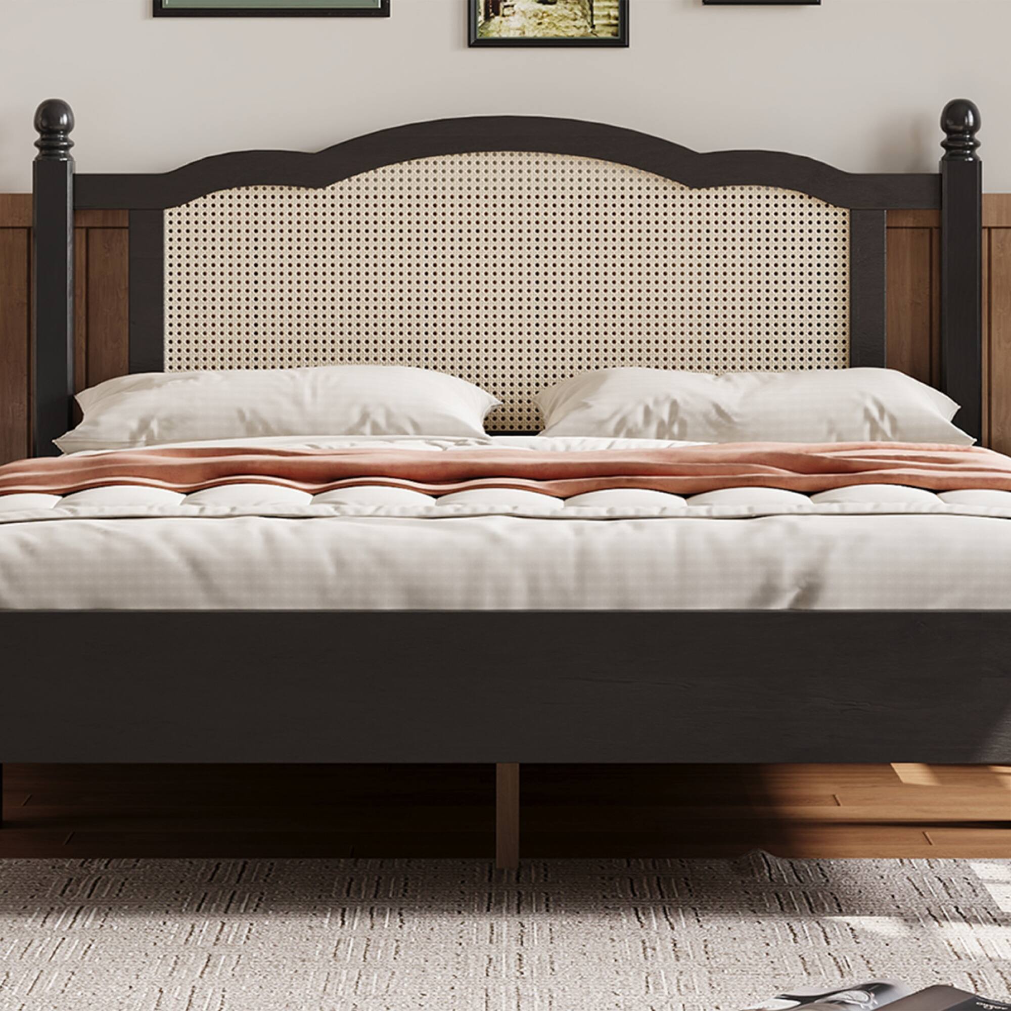 Alt View 9. GOODSILO - Vintage Rattan Headboard Queen Size Platform Bed Frame with Wooden Slat Support - Black.