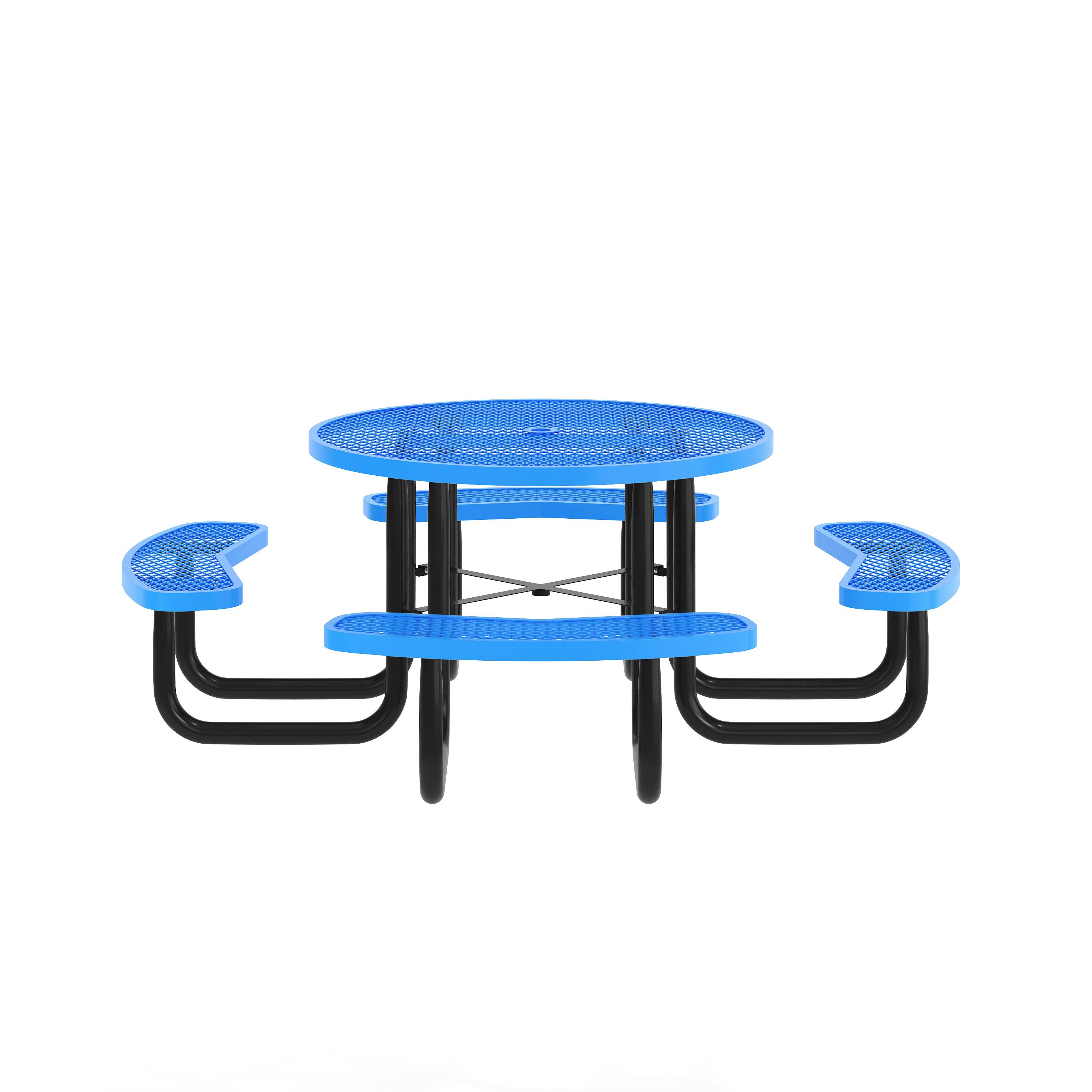 Angle. Flash Furniture - Creekside 46" Round Outdoor Picnic Table with Commercial Heavy Gauge Expanded Metal Mesh Seats and Top with Umbrella Hol - Blue.