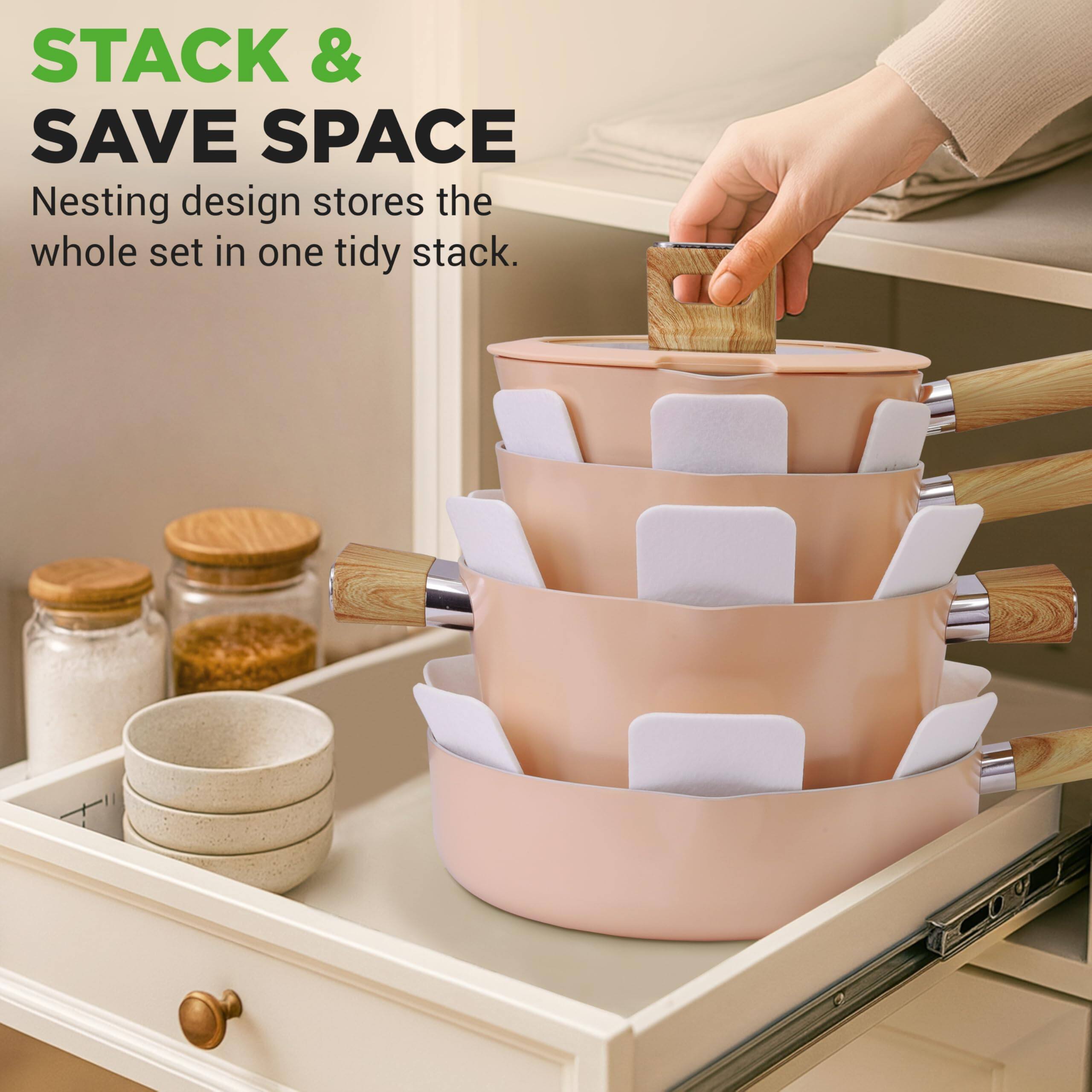 STACK & SAVE SPACE  
Nesting design stores the whole set in one tidy stack.