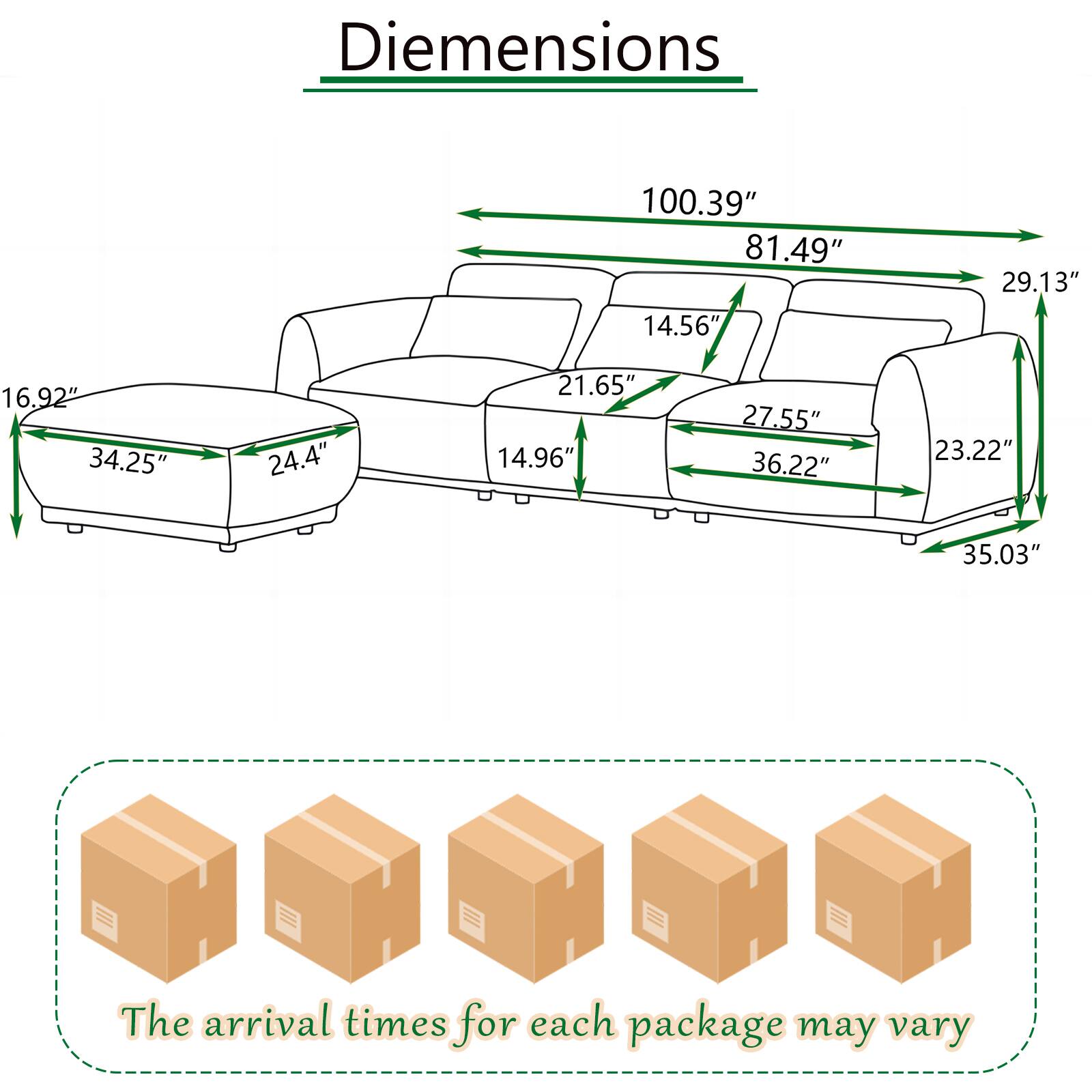 Dimensions: 100.39" 81.49" 14.56" 29.13" 16.92" 34.25" 24.4" 21.65" 14.96" 27.55" 36.22" 23.22" 35.03"

The arrival times for each package may vary