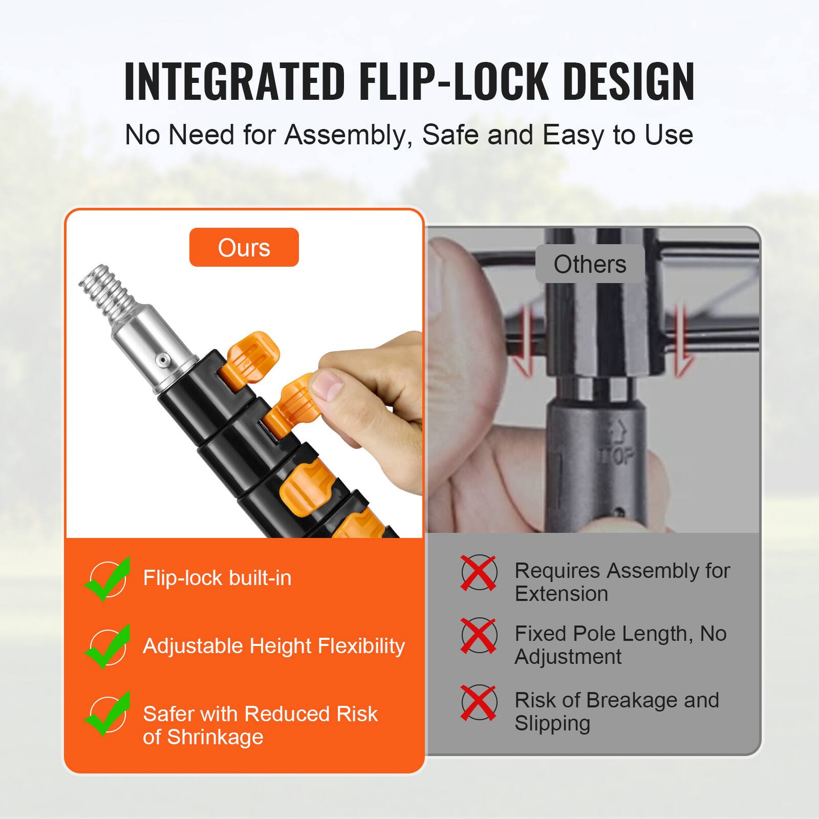 **INTEGRATED FLIP-LOCK DESIGN**

No Need for Assembly, Safe and Easy to Use

**Ours:**
- Flip-lock built-in
- Adjustable Height Flexibility
- Safer with Reduced Risk of Shrinkage

**Others:**
- Requires Assembly for Extension
- Fixed Pole Length, No Adjustment
- Risk of Breakage and Slipping