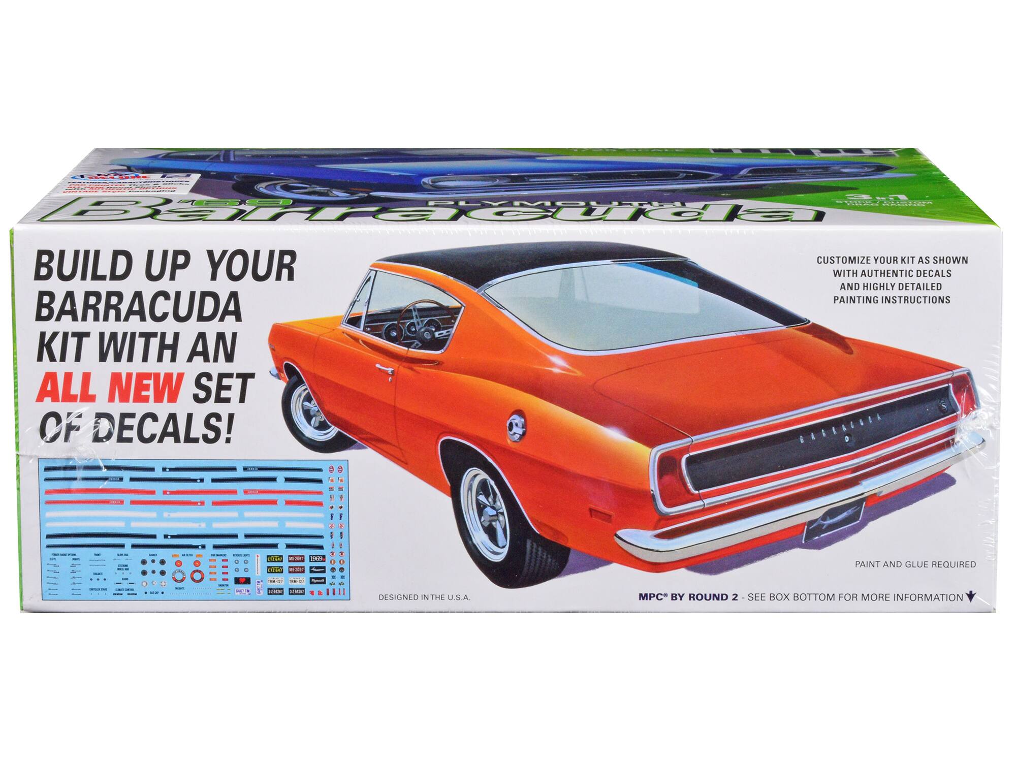 Sure, here is the corrected and grouped text from the image:

---

**Barracuda**

**BUILD UP YOUR BARRACUDA KIT WITH AN ALL NEW SET OF DECALS!**

**CUSTOMIZE YOUR KIT AS SHOWN WITH AUTHENTIC DECALS AND HIGHLY DETAILED PAINTING INSTRUCTIONS**

**PAINT AND GLUE REQUIRED**

**DESIGNED IN THE U.S.A.**

**MPC BY ROUND 2 - SEE BOX BOTTOM FOR MORE INFORMATION**

---

This text is organized to reflect the layout and content of the image accurately.