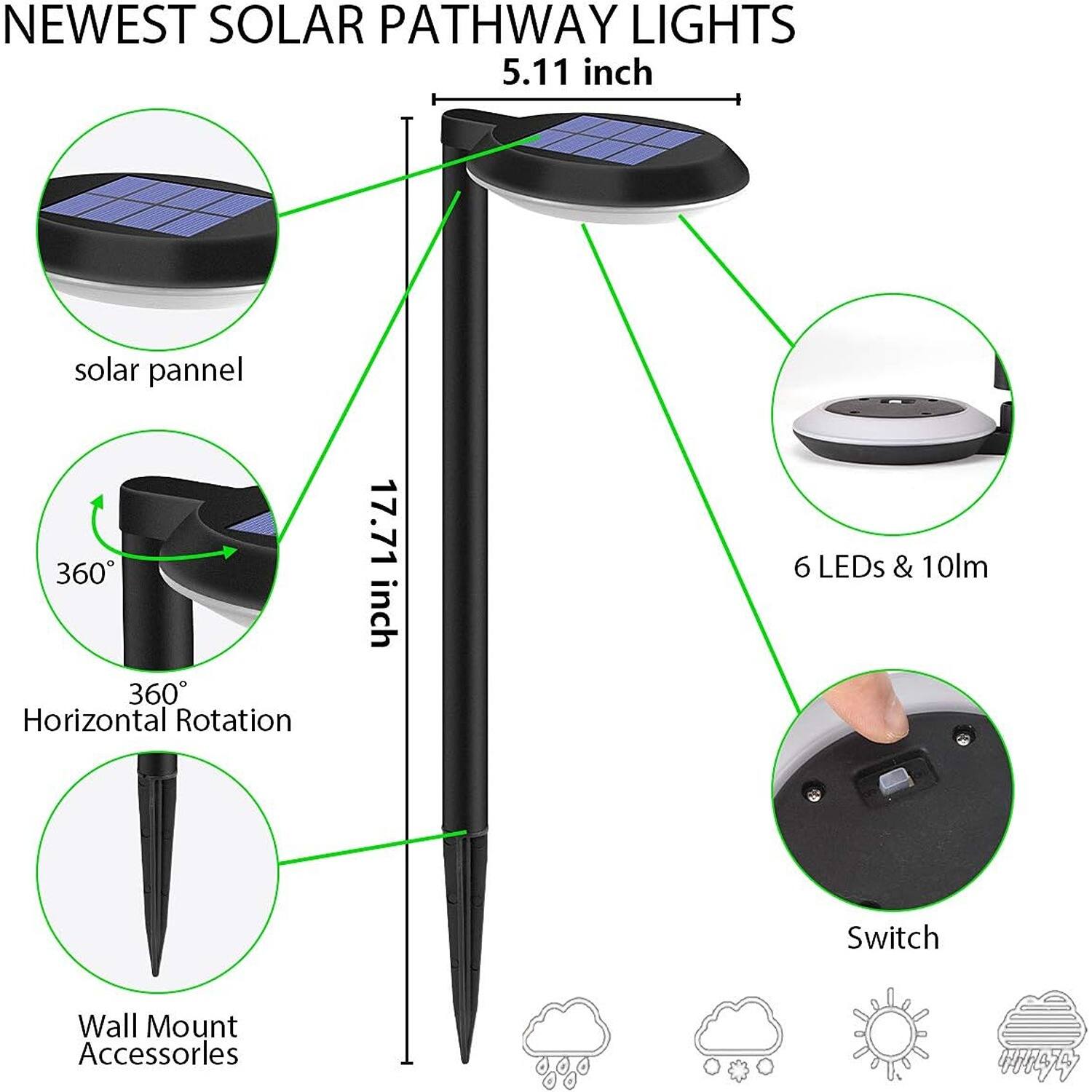 NEWEST SOLAR PATHWAY LIGHTS

- 5.11 inch solar panel
- 17.71 inch
- 360° Horizontal Rotation
- 6 LEDs & 10lm
- Switch
- Wall Mount Accessories