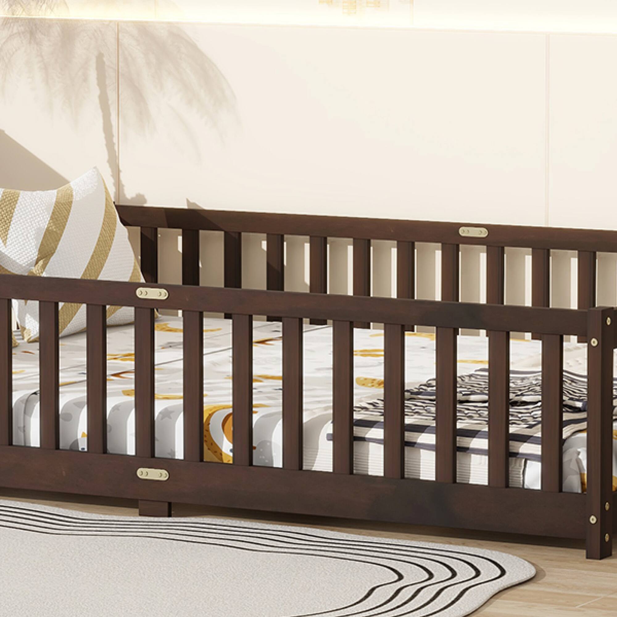 Alt View 6. GOODSILO - Full Size Floor Bed with Safety Fence and Revolving Door for Children, Sturdy Rubber Wood Construction - Espresso.