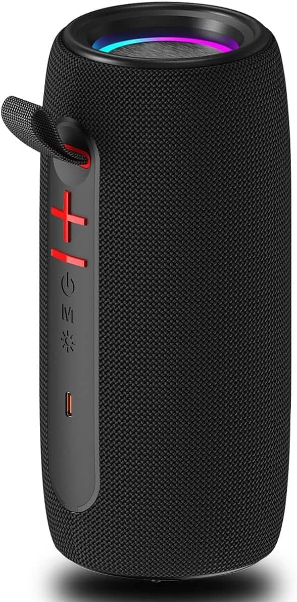 Stamp n Camp - Wireless Portable Bluetooth Speaker: IPX6 Waterproof Audio fm Radio USB/AUX/SD Card Play LEDlights TWS - Black