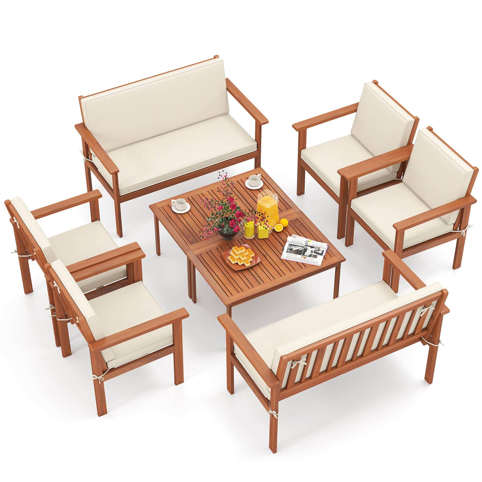 Costway - 8 PCS Acacia Wood Conversation Set with Seat & Back Cushions Loveseat Armchairs - Beige,Natural price history on PriceWatchPro