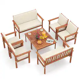 Costway - 8 PCS Acacia Wood Conversation Set with Seat & Back Cushions Loveseat Armchairs - Beige,Natural