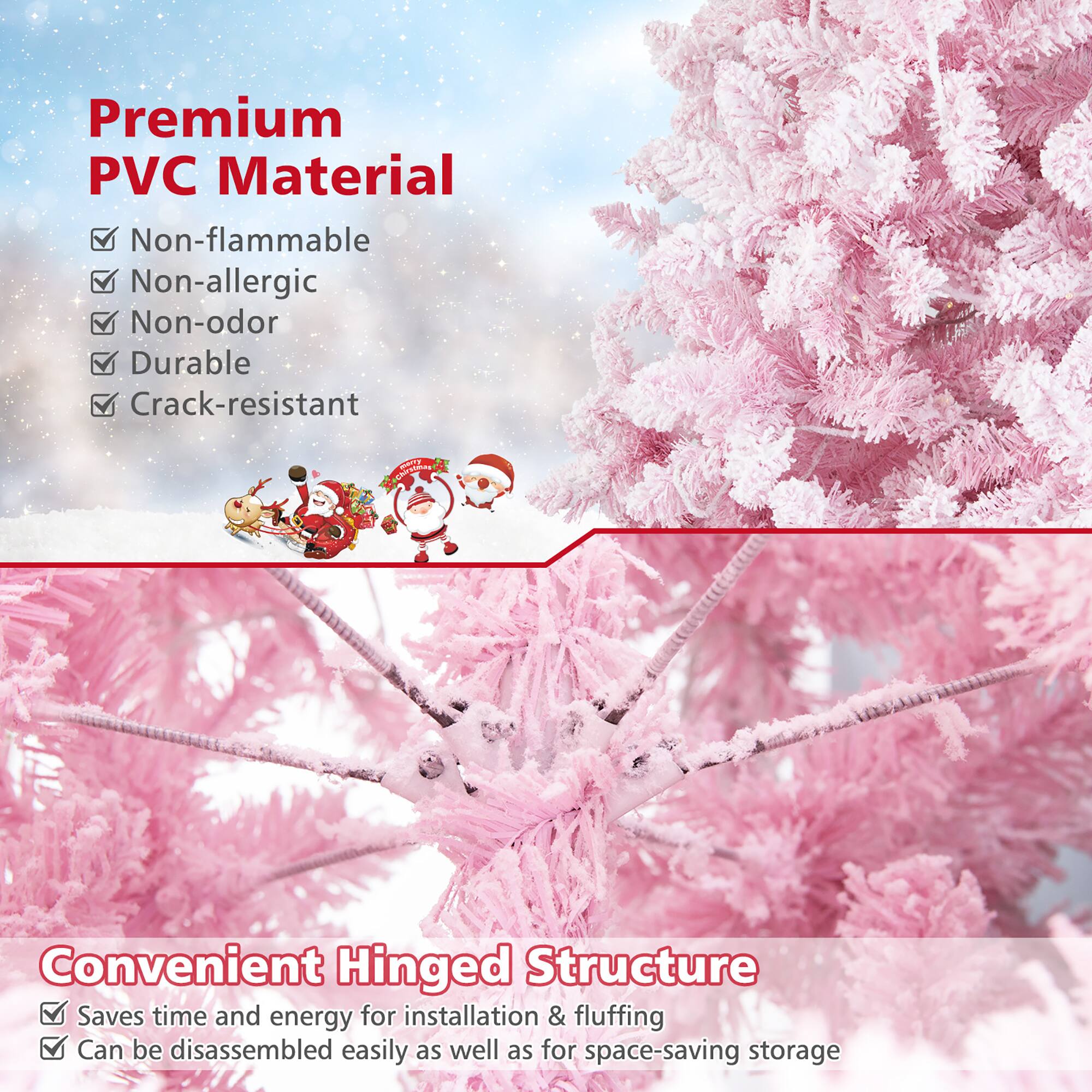 Premium PVC Material Non-flammable Non-allergic Non-odor Durable Crack-resistant Convenient Hinged Structure Saves time and energy for installation & fluffing Can be disassembled easily as well as for space-saving storage