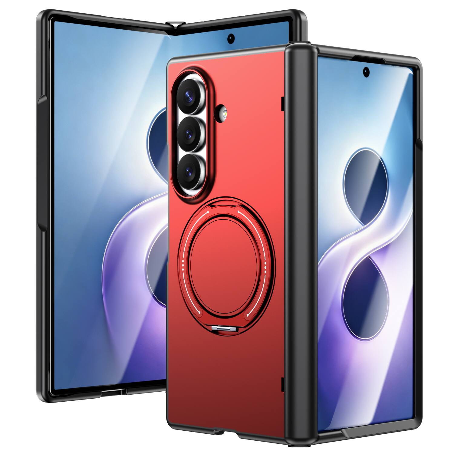 Left. Dteck - Shockproof Phone Case for Samsung Galaxy Z Fold8 Ultra with Ring Kickstand Hinge Guard, Rugged Magnetic Protective Cover - Red.