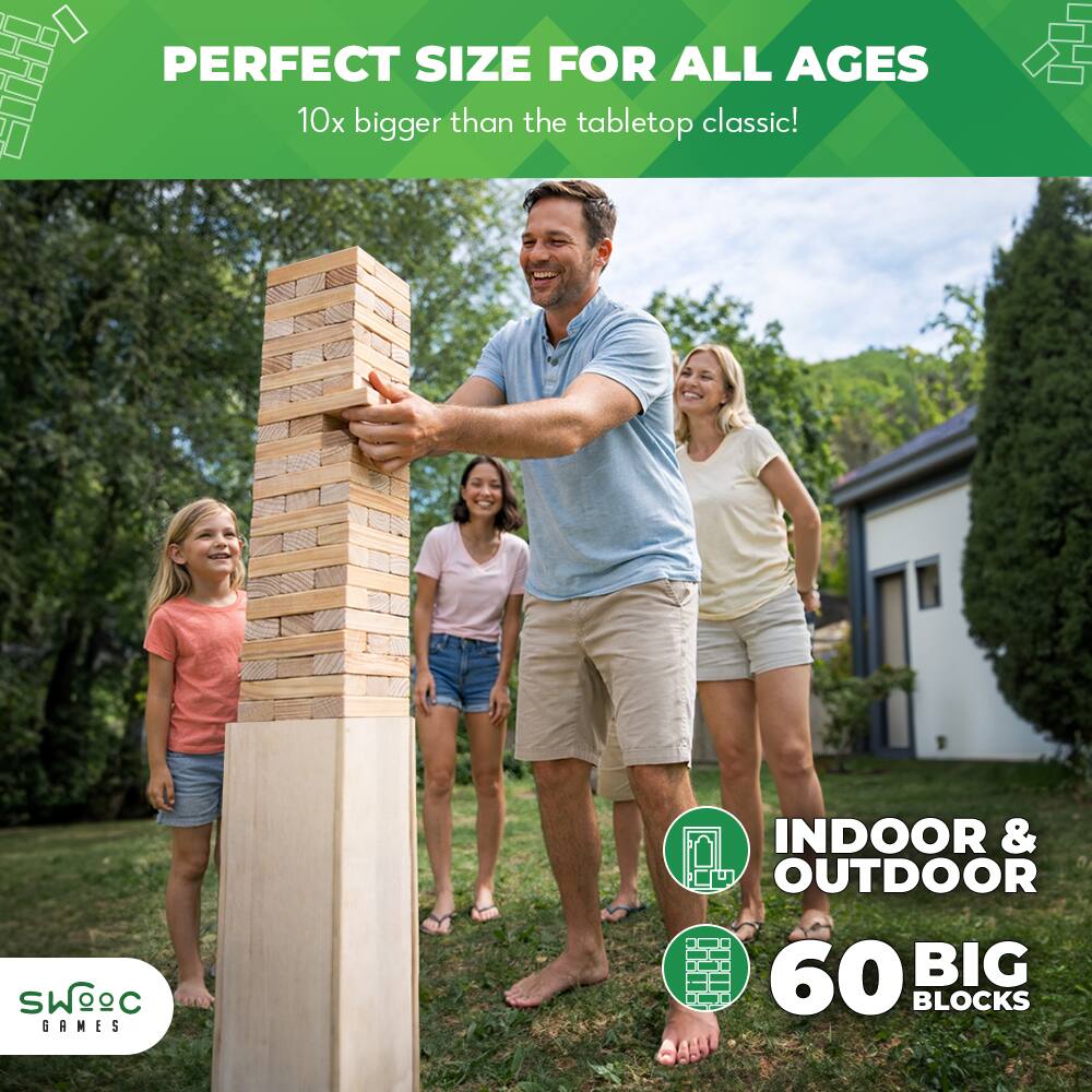PERFECT SIZE FOR ALL AGES  
10x bigger than the tabletop classic!  
SWeC GAMES INDOOR & OUTDOOR  
60 BIG BLOCKS
