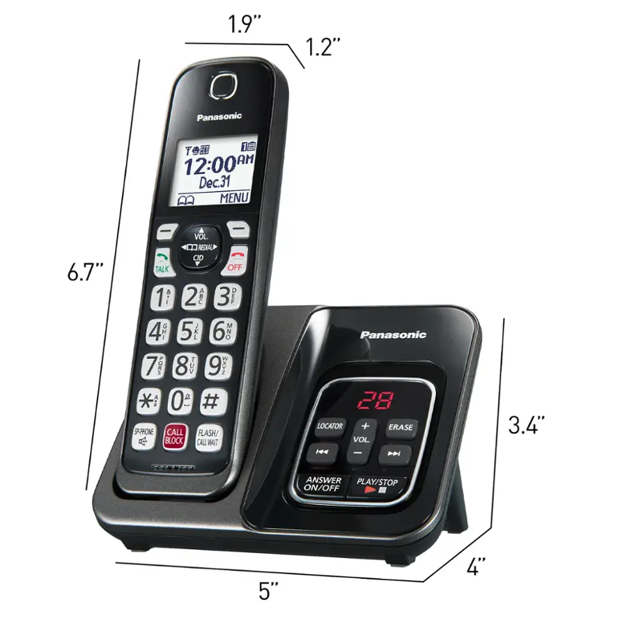 The Panasonic phone is a cordless phone with a large display screen. It has a menu button, a redial button, and a talk button. The phone also has a flash button and a block call button. The display screen shows the time and date, and it is currently 12:00 AM on December 31st. The phone is 6.7" tall and 3.4" wide.
