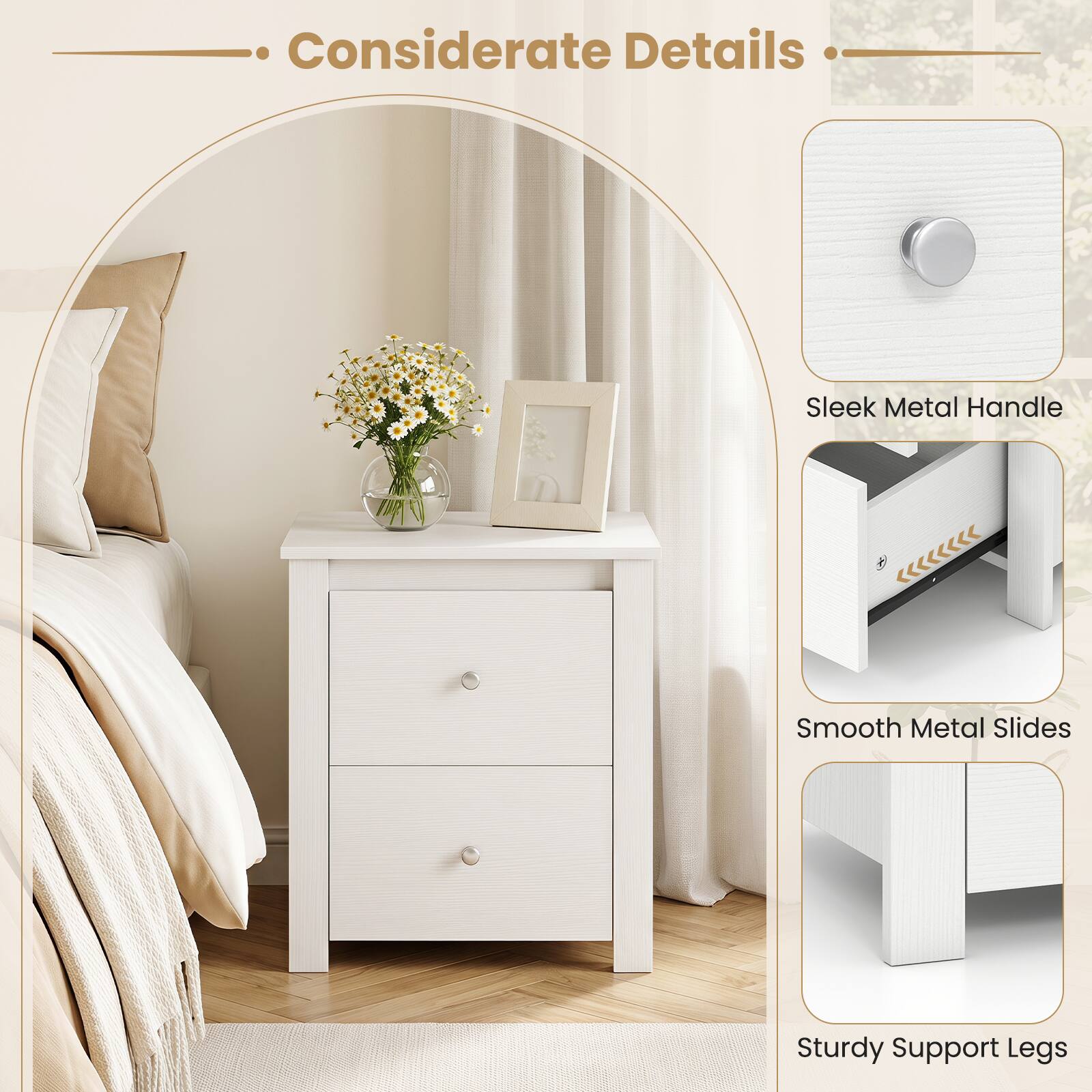 Considerate Details

- Sleek Metal Handle
- Smooth Metal Slides
- Sturdy Support Legs