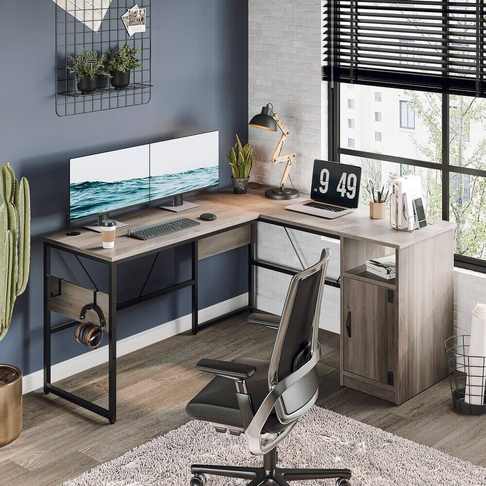 Angle. Bestier - L-Shaped Computer Desk with Storage Cabinet - 60" Wide - Gray.