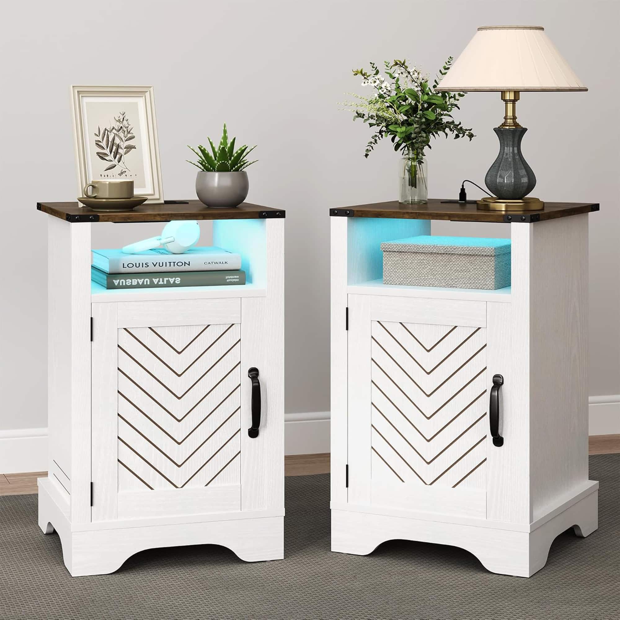 RoyalCraft - Nightstand w/ LED Lights & Charging Station, Set of 2 - Antique White