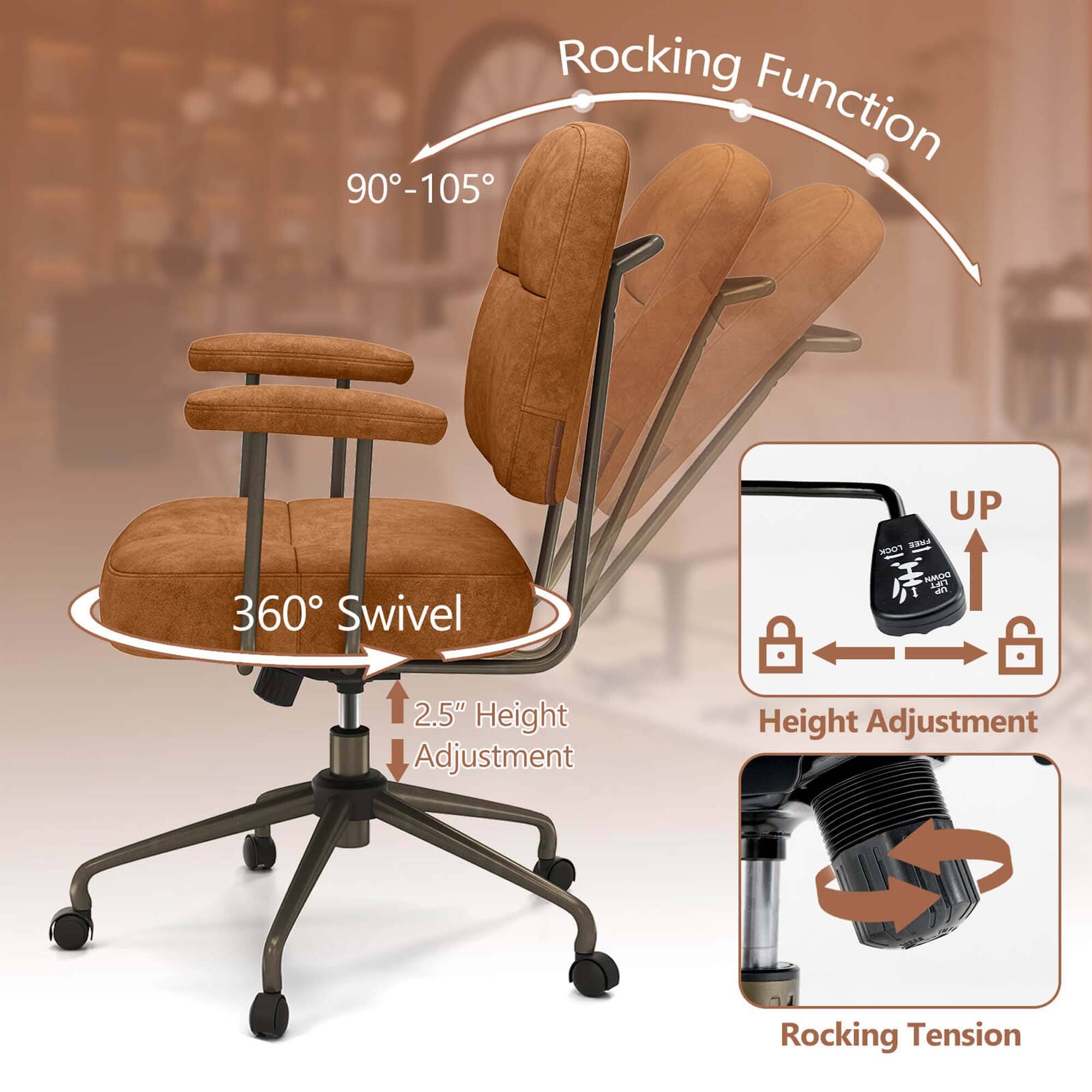 The text on the image is grouped and corrected as follows:

Rocking Function: 90-105 degrees of rocking motion.
360 Swivel: The chair has a 360-degree swivel function.
UP: The chair has a height adjustment feature.
FREE: The chair is free-standing.
DOM L -% 2.5" Height Adjustment: The chair has a height adjustment feature that allows for a 2.5" change in height.
Rocking Tension: The chair has a rocking tension feature.
