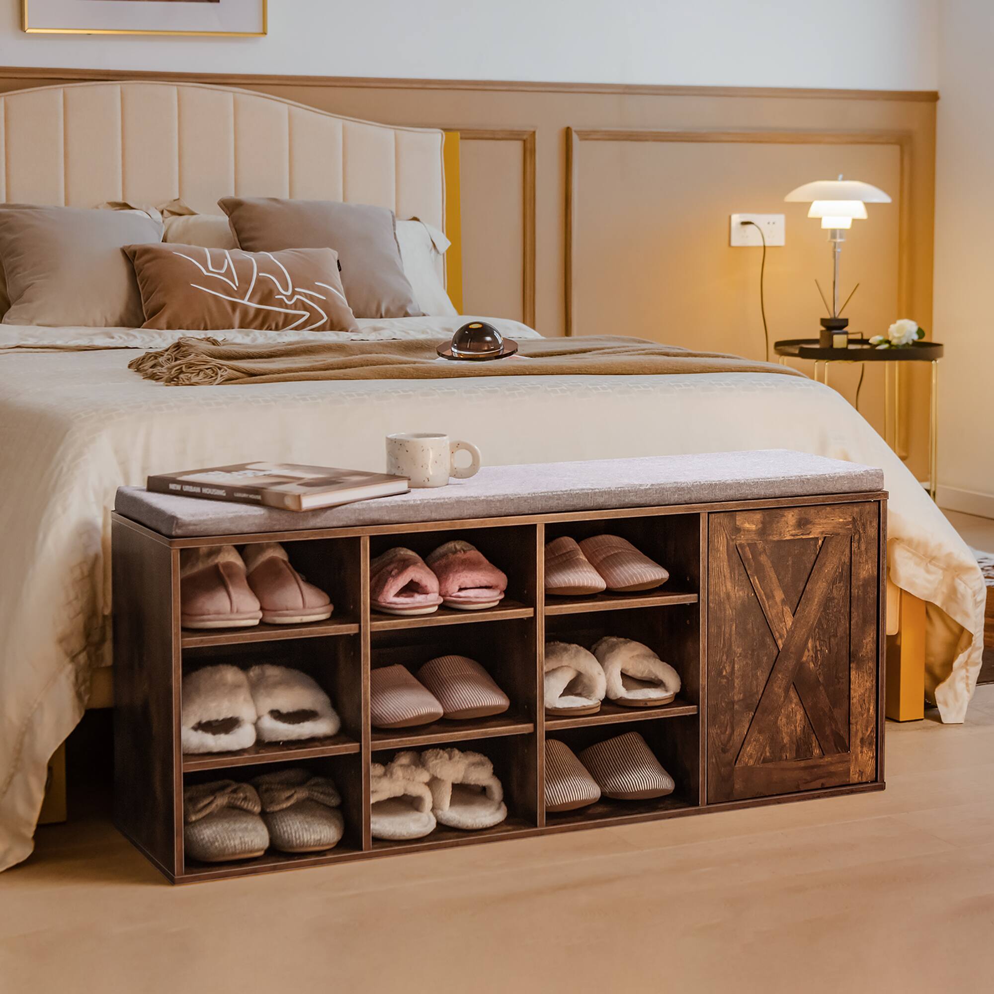 Alt View 12. Costway - Shoe Bench w/Padded Cushion 9-cube Adjustable Storage Shoe Rack Rustic Brown - Rustic Brown.