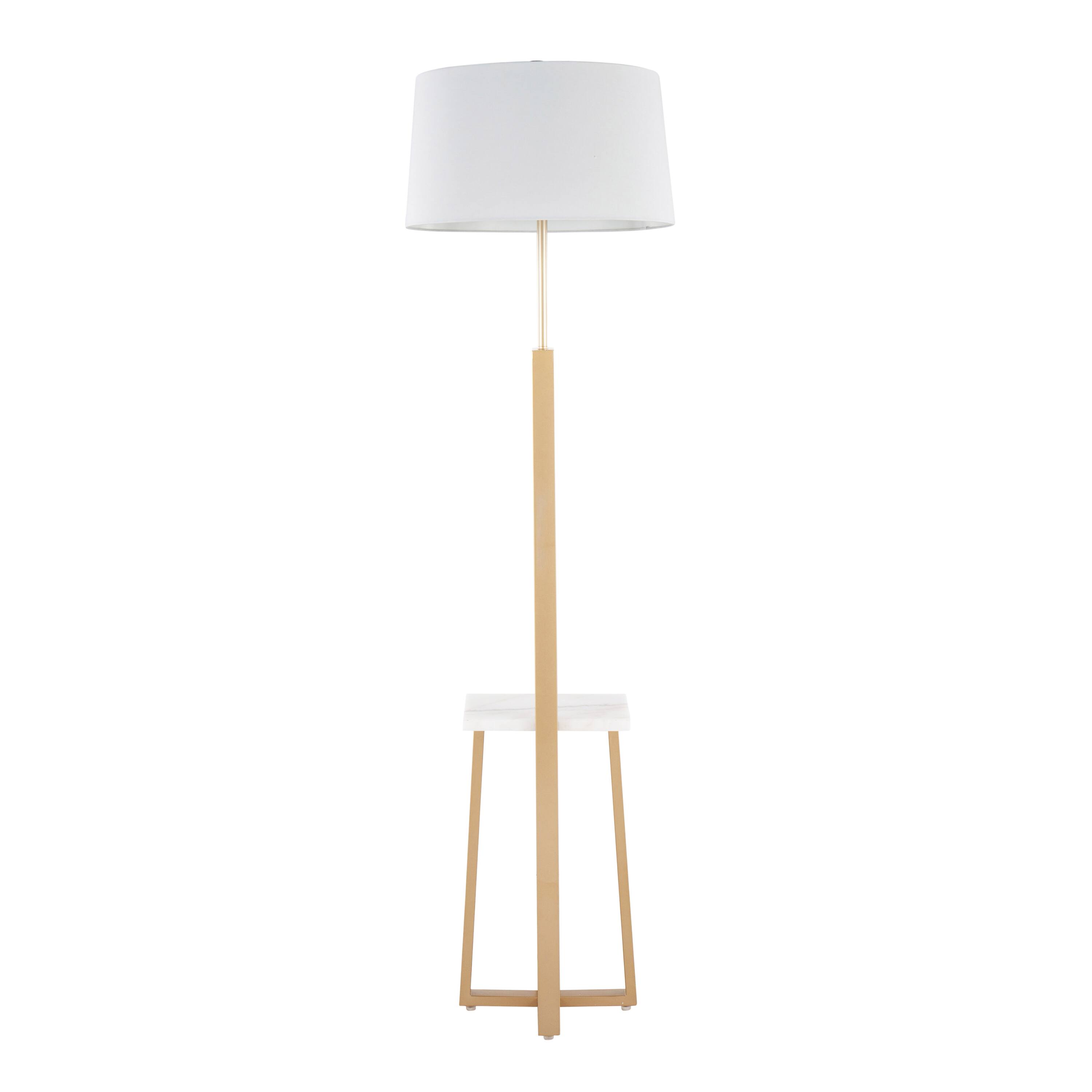 Left. Loheer - Loheer Contemporary Shelf Floor Lamp Gold Metal and White Marble Base with Linen Shade Modern Standing Lamp - Gold.