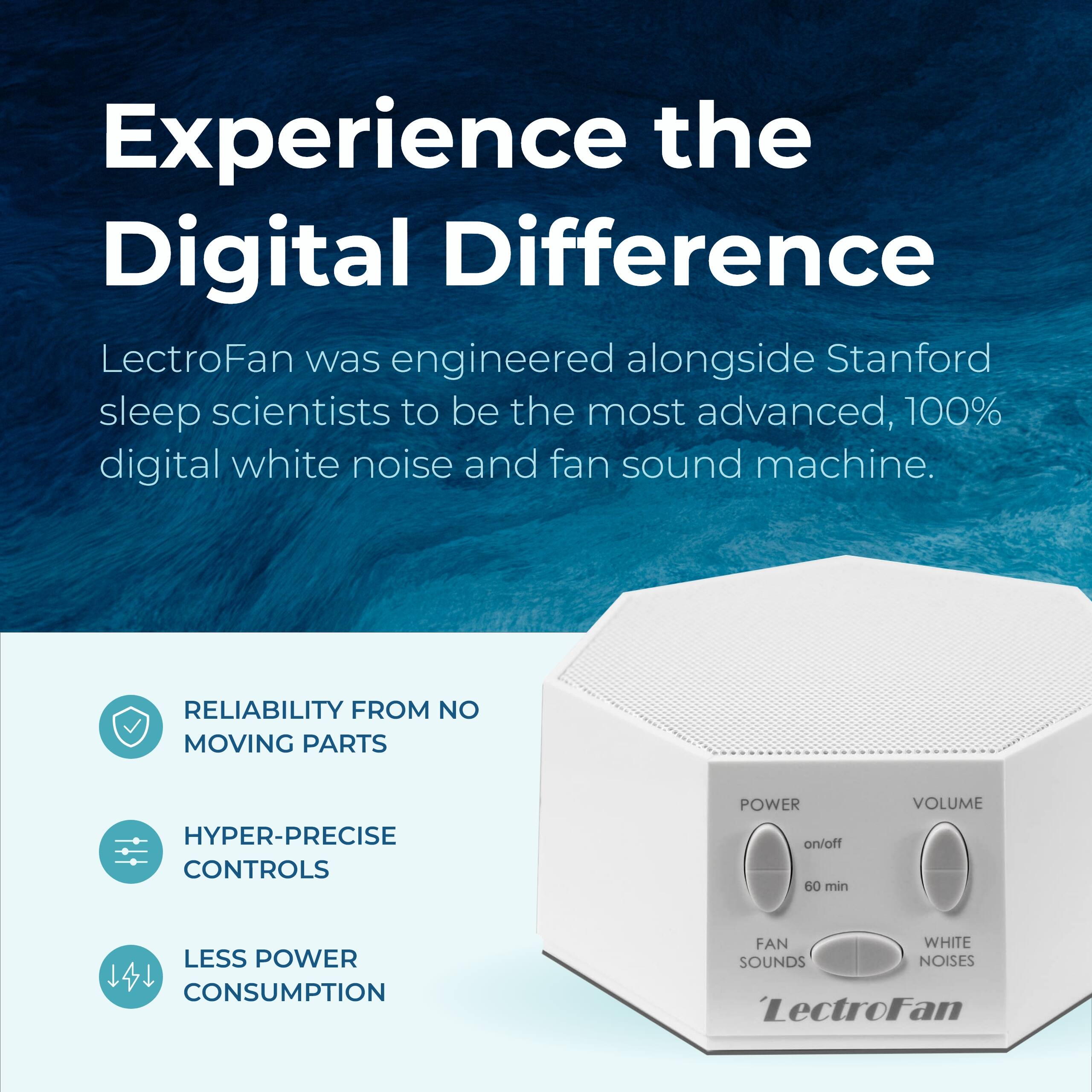 Experience the Digital Difference

LectroFan was engineered alongside Stanford sleep scientists to be the most advanced, 100% digital white noise and fan sound machine.

- RELIABILITY FROM NO MOVING PARTS
- HYPER-PRECISE CONTROLS
- LESS POWER CONSUMPTION

POWER on/off 60 min  
VOLUME  
FAN SOUNDS  
WHITE NOISES

LectroFan