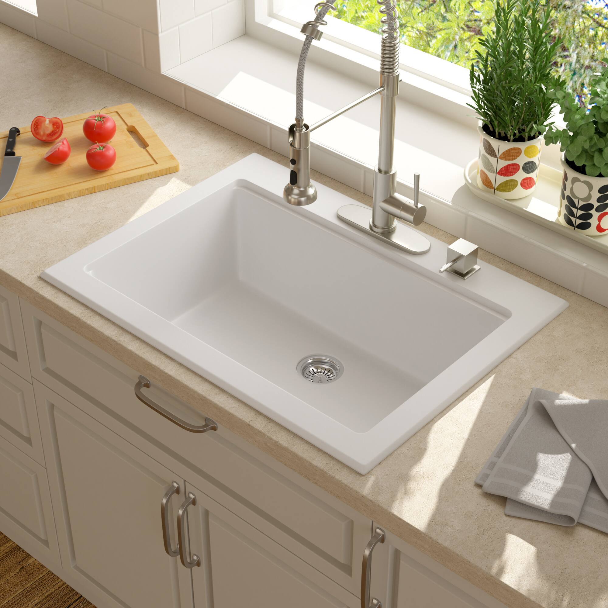 Alt View 6. Lordear - 30x22x10 Inch White Granite Composite Drop In Workstation kitchen Sink Single Bowl Quartz Kitchen Sink With Beveled Edge - White.