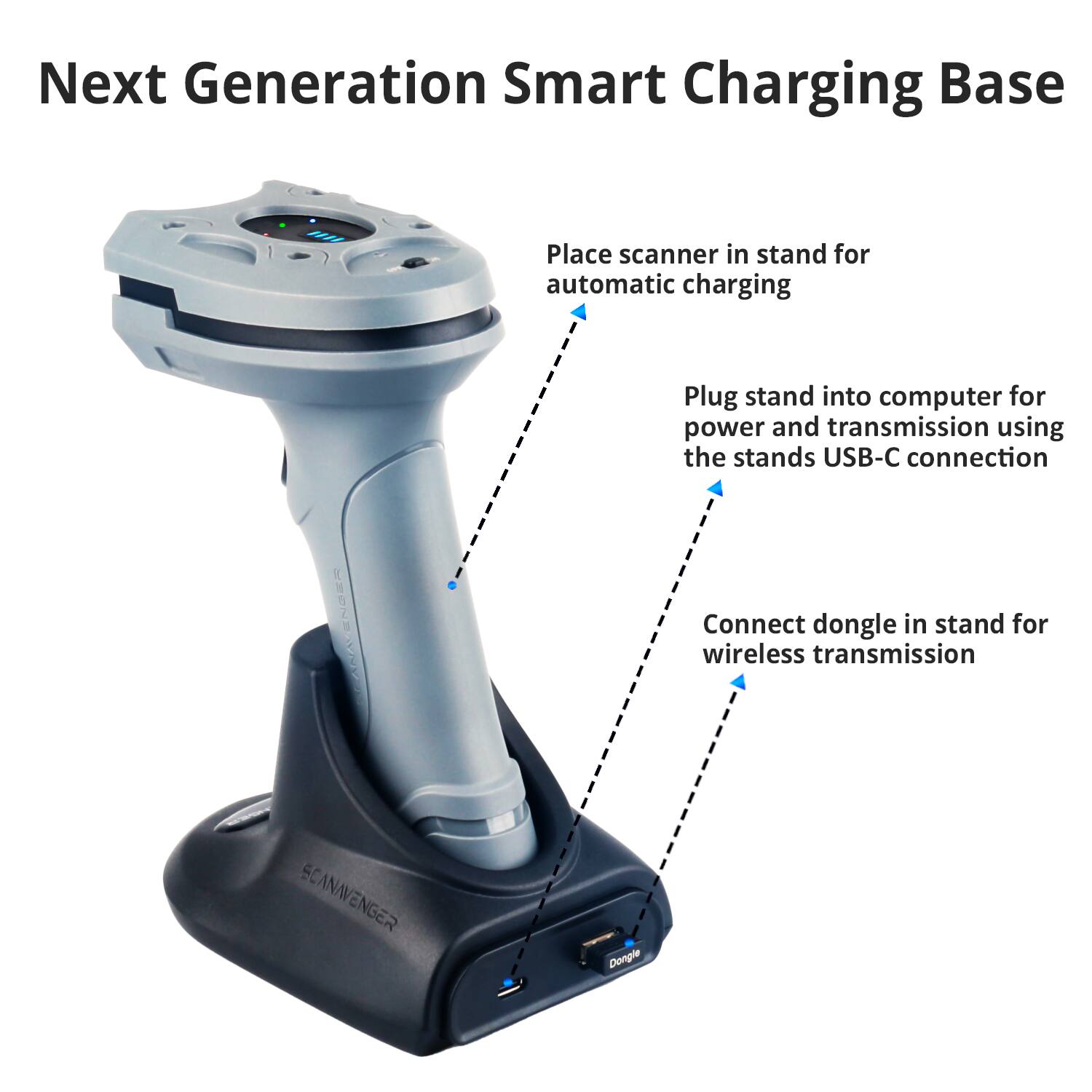 Next Generation Smart Charging Base

Place scanner in stand for automatic charging

Plug stand into computer for power and transmission using the stand's USB-C connection

Connect dongle in stand for wireless transmission

SCANVANGER